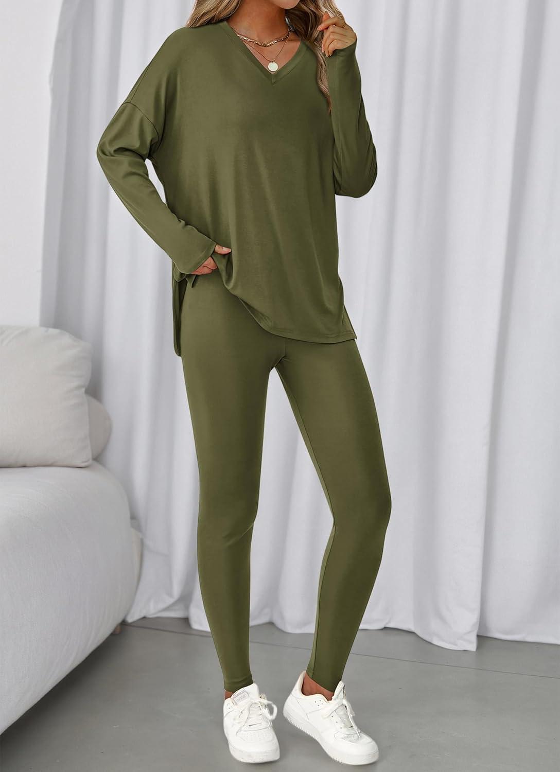 imageBTFBM Two Piece Sets for Women 2025 Casual Lounge Set Matching Oversized Shirts Leggings Workout Airport Travel OutfitsArmy Green