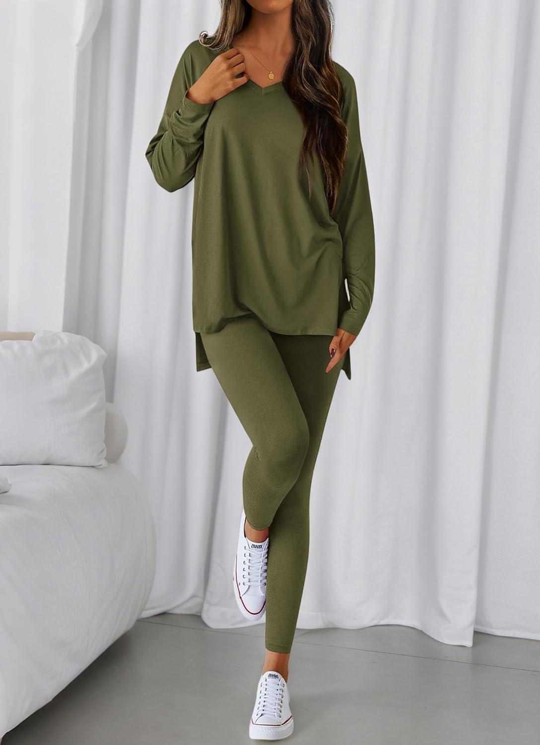 imageBTFBM Two Piece Sets for Women 2025 Casual Lounge Set Matching Oversized Shirts Leggings Workout Airport Travel OutfitsArmy Green