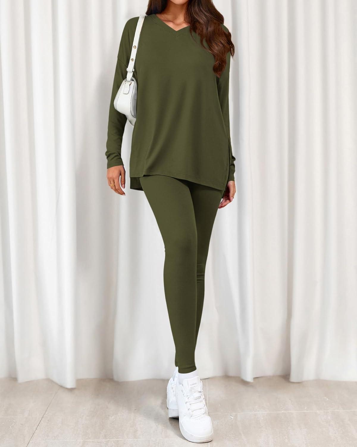 imageBTFBM Two Piece Sets for Women 2025 Casual Lounge Set Matching Oversized Shirts Leggings Workout Airport Travel OutfitsArmy Green