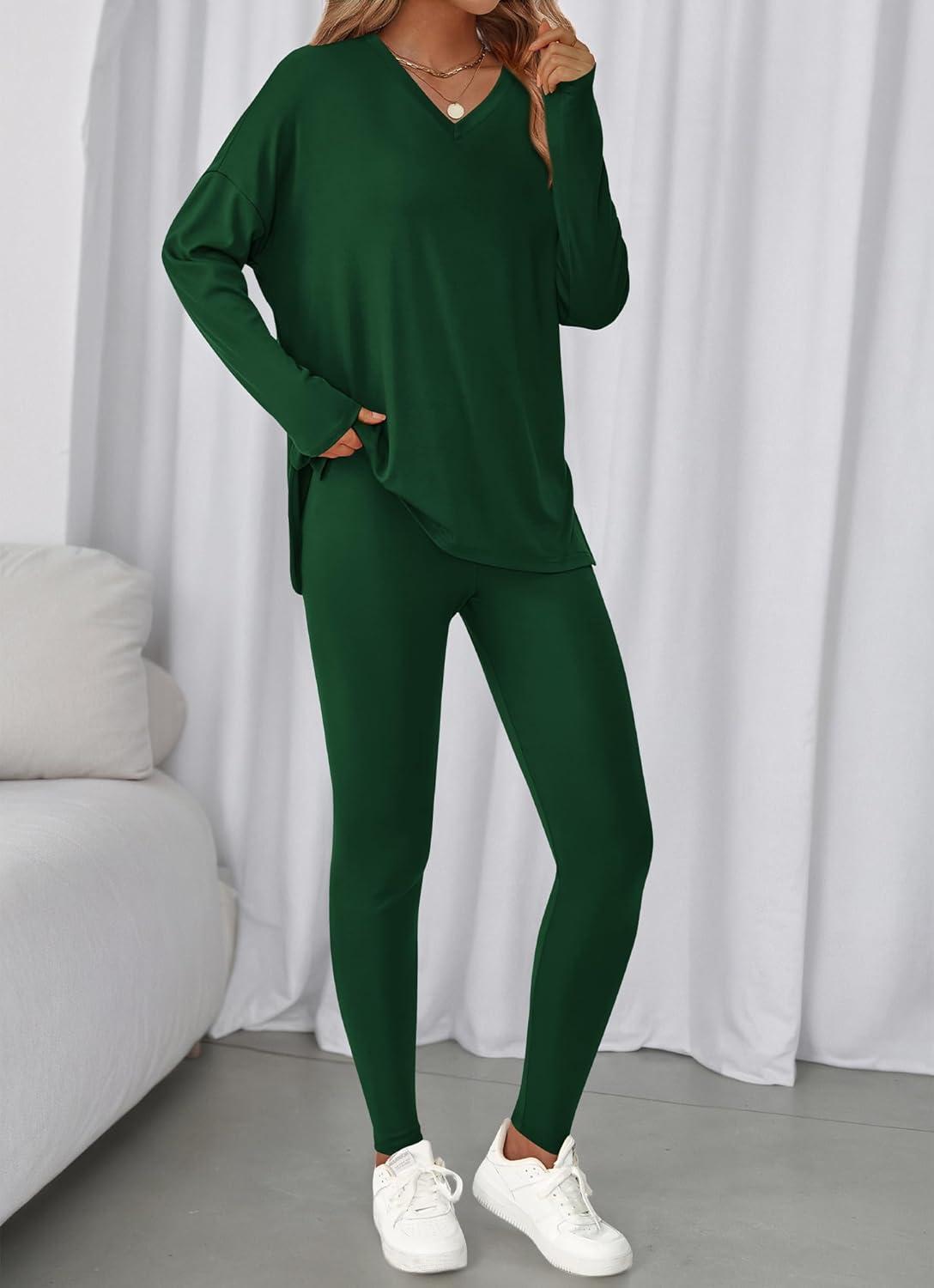 imageBTFBM Two Piece Sets for Women 2025 Casual Lounge Set Matching Oversized Shirts Leggings Workout Airport Travel OutfitsDark Green