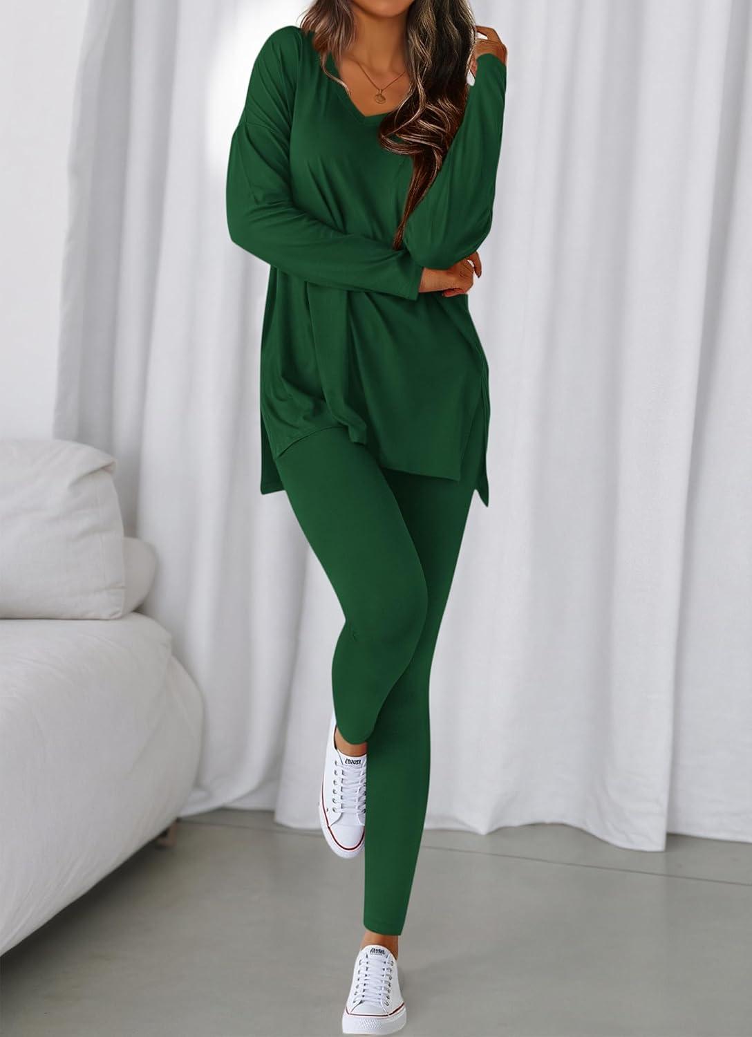 imageBTFBM Two Piece Sets for Women 2025 Casual Lounge Set Matching Oversized Shirts Leggings Workout Airport Travel OutfitsDark Green