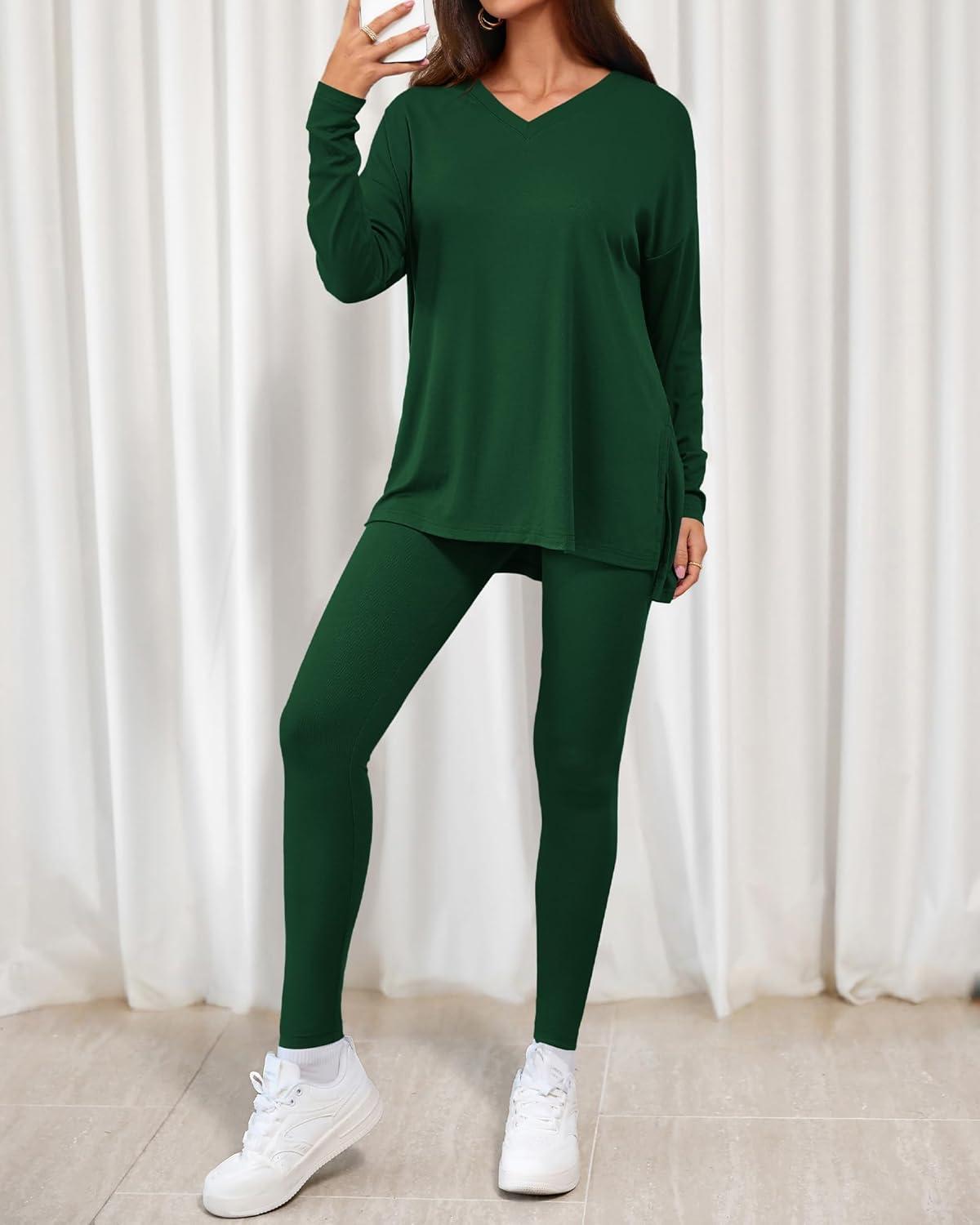imageBTFBM Two Piece Sets for Women 2025 Casual Lounge Set Matching Oversized Shirts Leggings Workout Airport Travel OutfitsDark Green