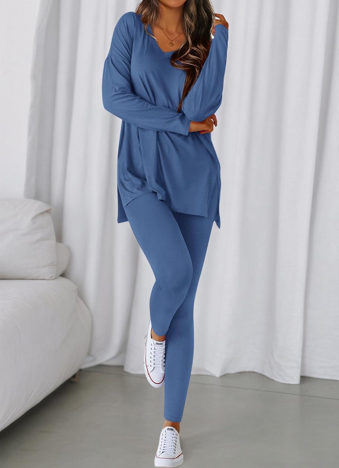imageBTFBM Two Piece Sets for Women 2025 Casual Lounge Set Matching Oversized Shirts Leggings Workout Airport Travel OutfitsDusty Blue