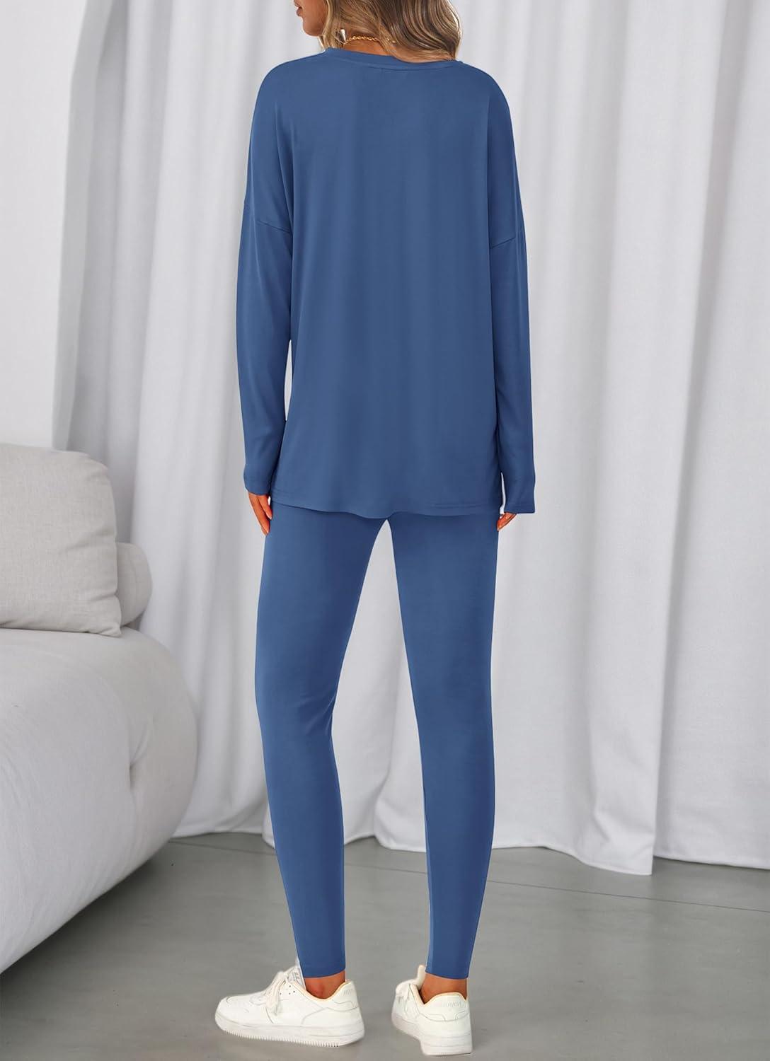 imageBTFBM Two Piece Sets for Women 2025 Casual Lounge Set Matching Oversized Shirts Leggings Workout Airport Travel OutfitsDusty Blue