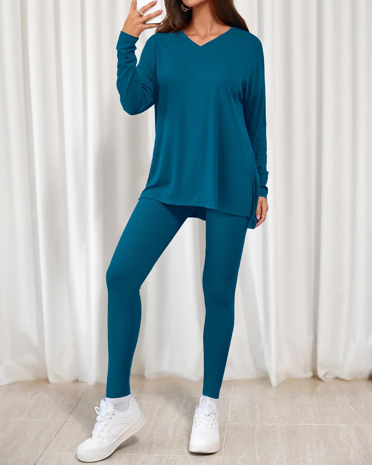 imageBTFBM Two Piece Sets for Women 2025 Casual Lounge Set Matching Oversized Shirts Leggings Workout Airport Travel OutfitsMalachite Green