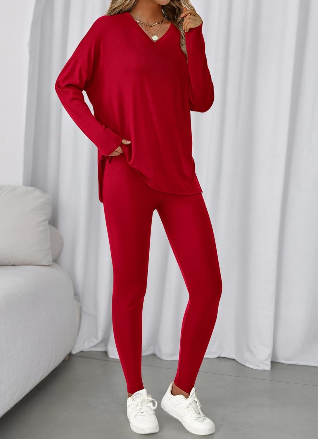 imageBTFBM Two Piece Sets for Women 2025 Casual Lounge Set Matching Oversized Shirts Leggings Workout Airport Travel OutfitsRed