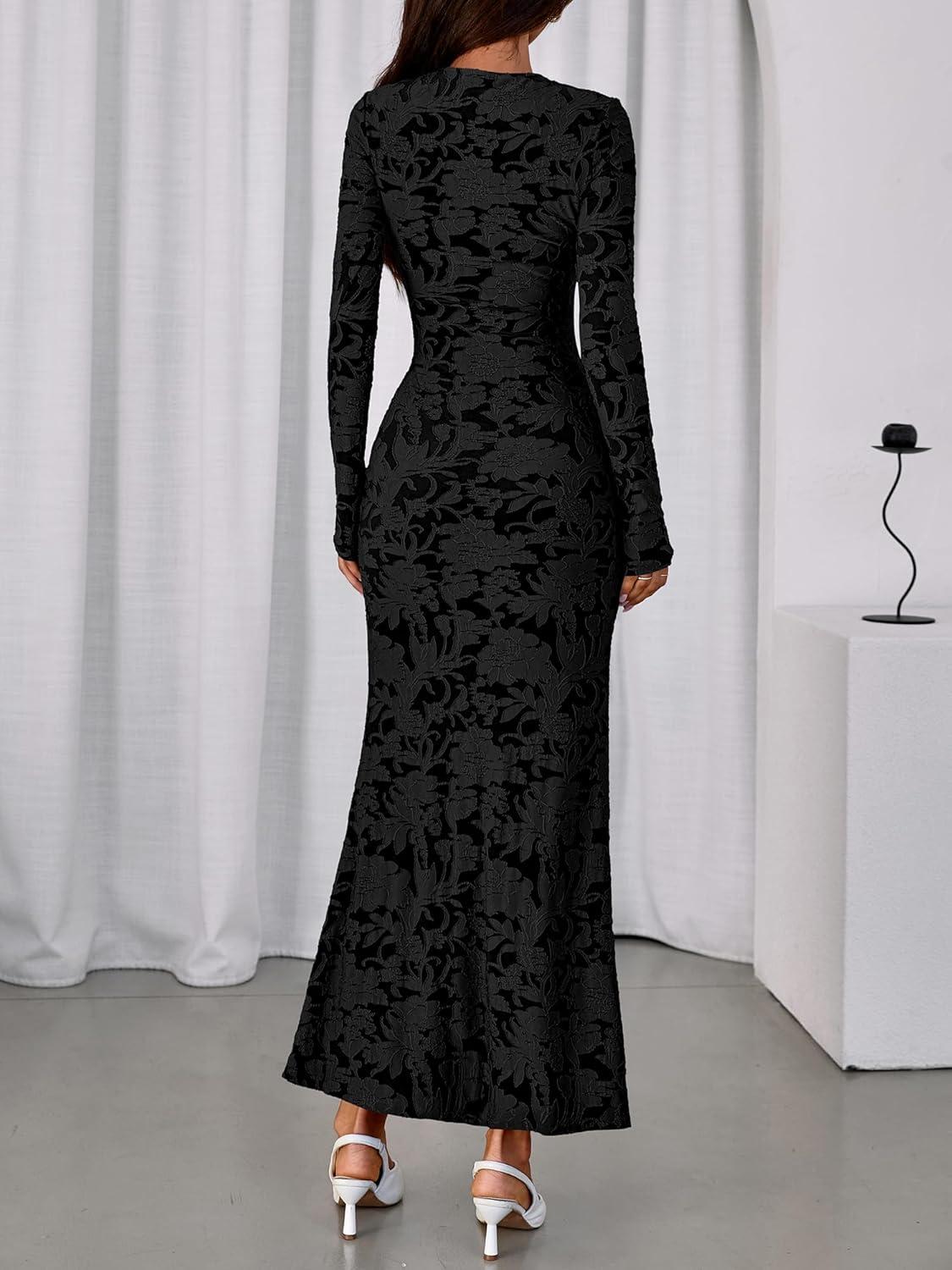 imageBTFBM Wedding Guest Dresses for Women 2025 Fall Elegant Floral Lace Ruched Long Sleeve Bodycon Cocktail Party Maxi DressBlack