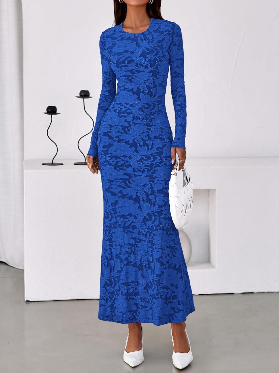 imageBTFBM Wedding Guest Dresses for Women 2025 Fall Elegant Floral Lace Ruched Long Sleeve Bodycon Cocktail Party Maxi DressBlue