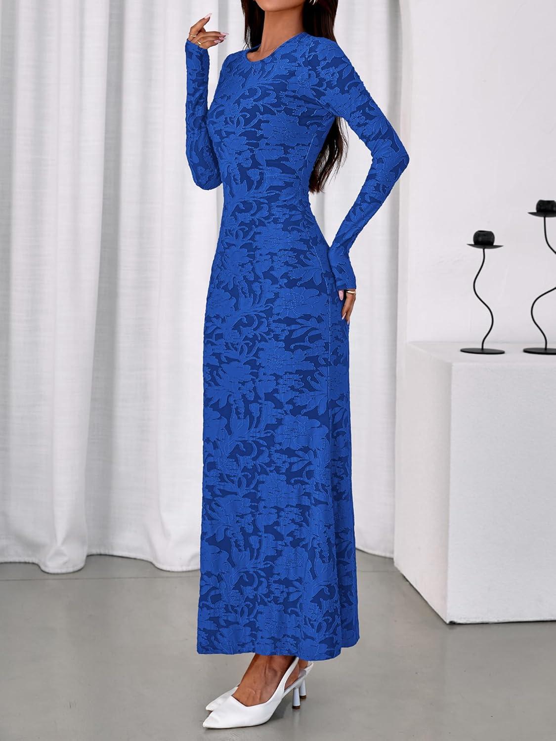 imageBTFBM Wedding Guest Dresses for Women 2025 Fall Elegant Floral Lace Ruched Long Sleeve Bodycon Cocktail Party Maxi DressBlue