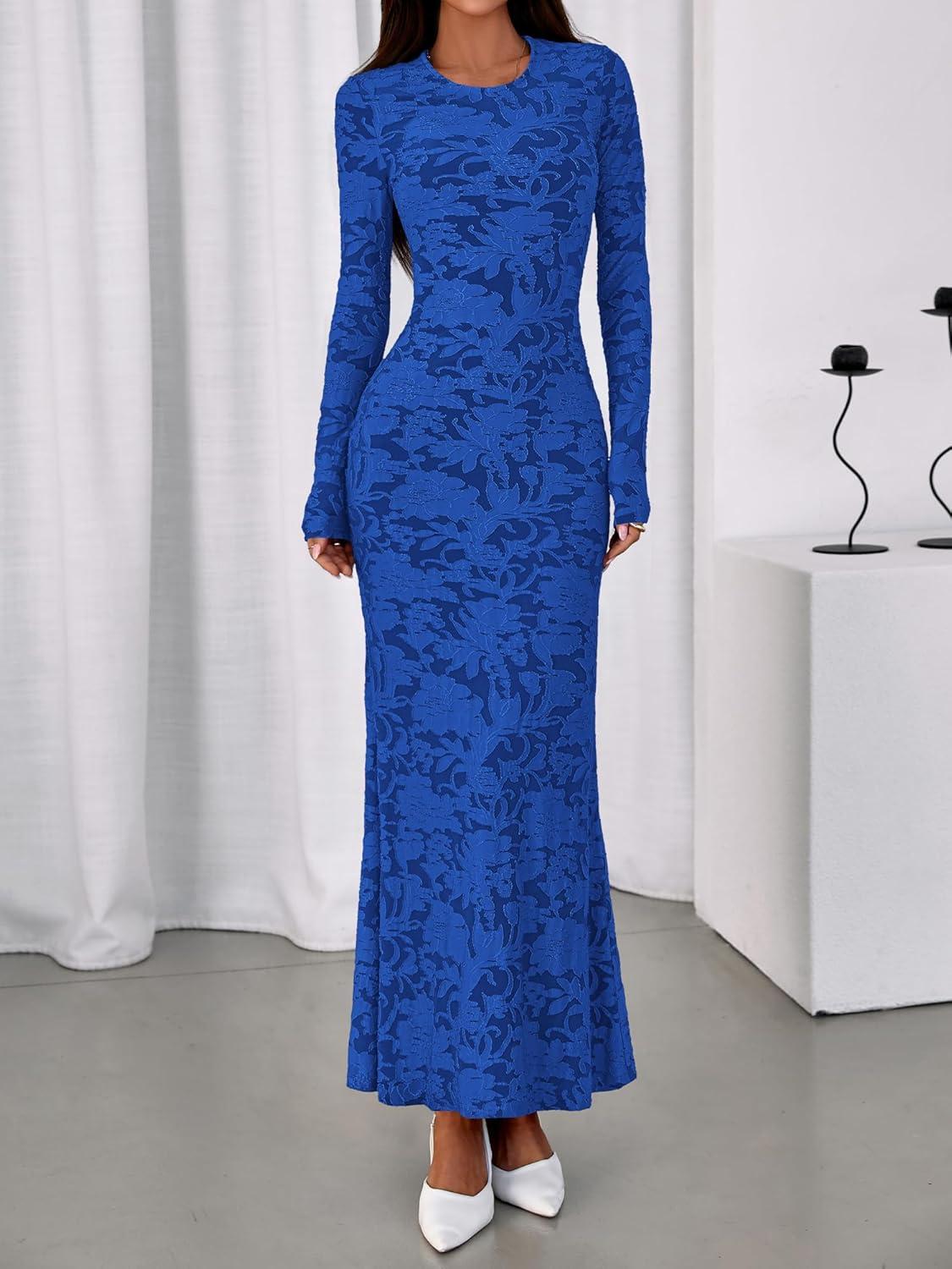 imageBTFBM Wedding Guest Dresses for Women 2025 Fall Elegant Floral Lace Ruched Long Sleeve Bodycon Cocktail Party Maxi DressBlue