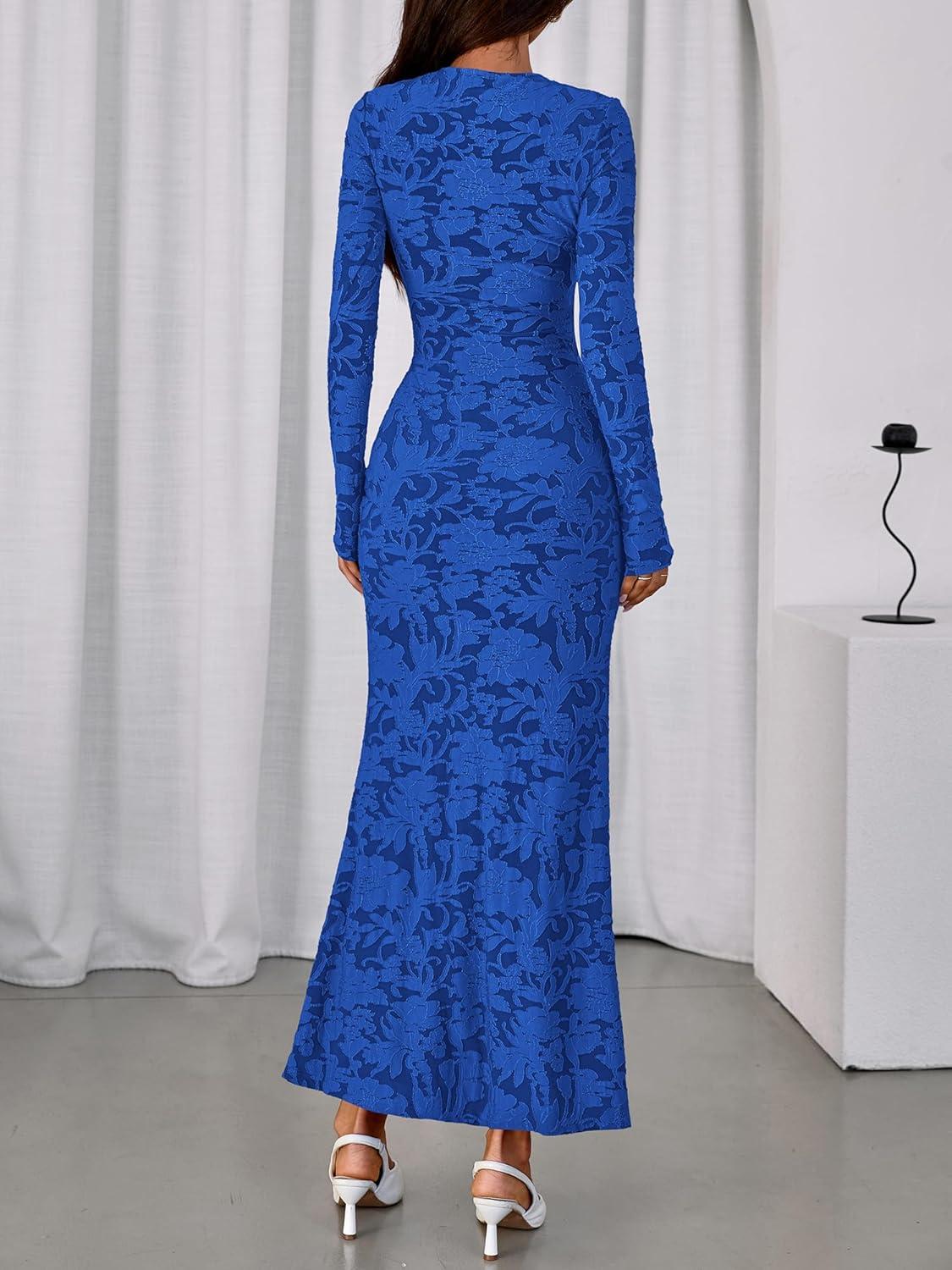 imageBTFBM Wedding Guest Dresses for Women 2025 Fall Elegant Floral Lace Ruched Long Sleeve Bodycon Cocktail Party Maxi DressBlue