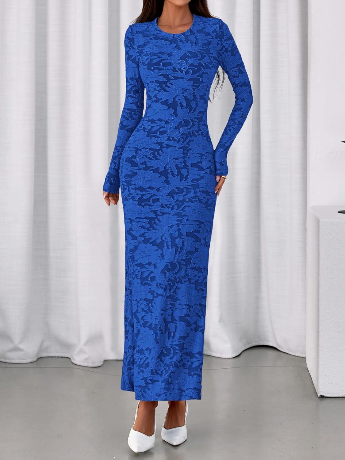 imageBTFBM Wedding Guest Dresses for Women 2025 Fall Elegant Floral Lace Ruched Long Sleeve Bodycon Cocktail Party Maxi DressBlue