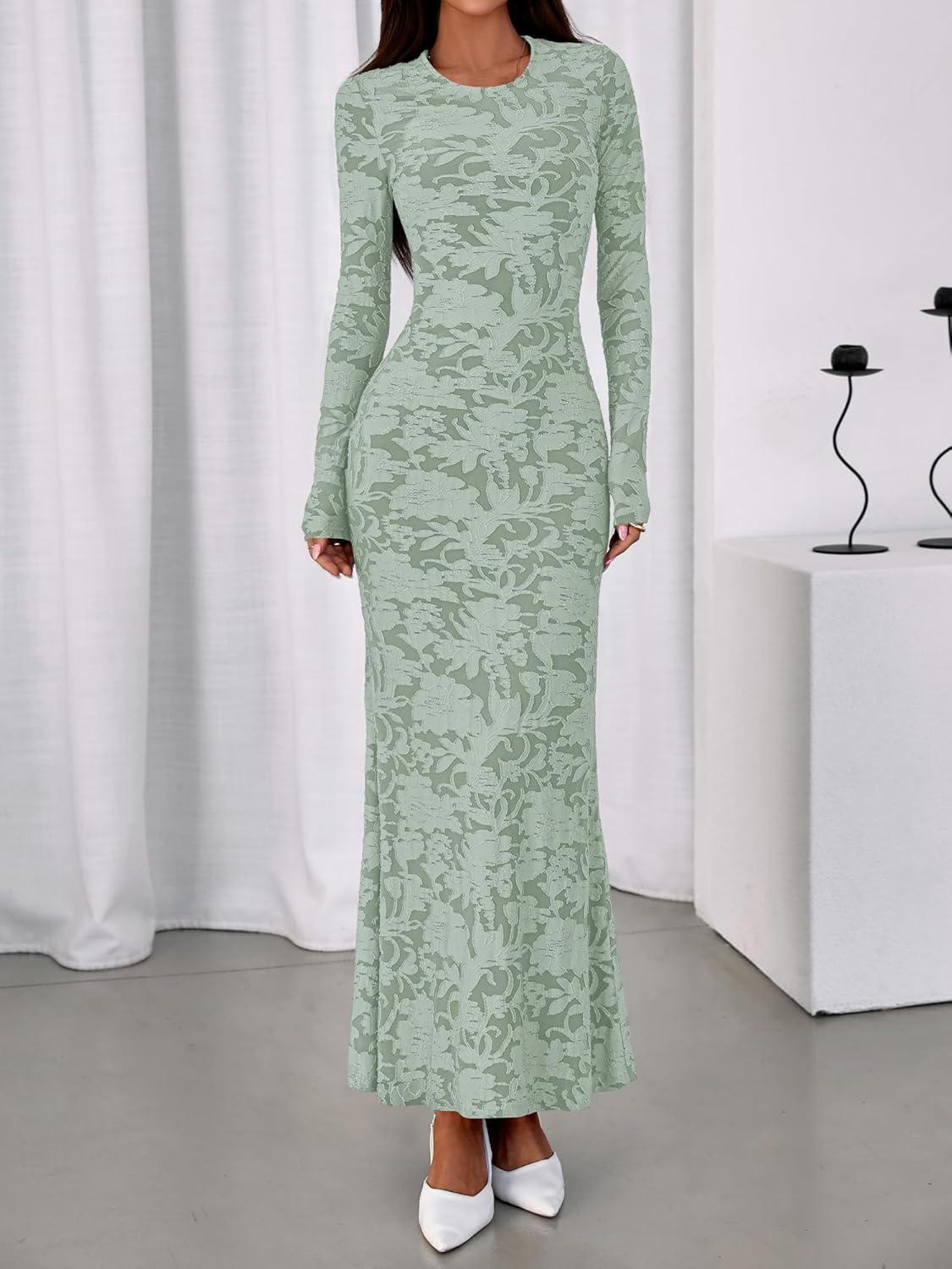 imageBTFBM Wedding Guest Dresses for Women 2025 Fall Elegant Floral Lace Ruched Long Sleeve Bodycon Cocktail Party Maxi DressLight Green