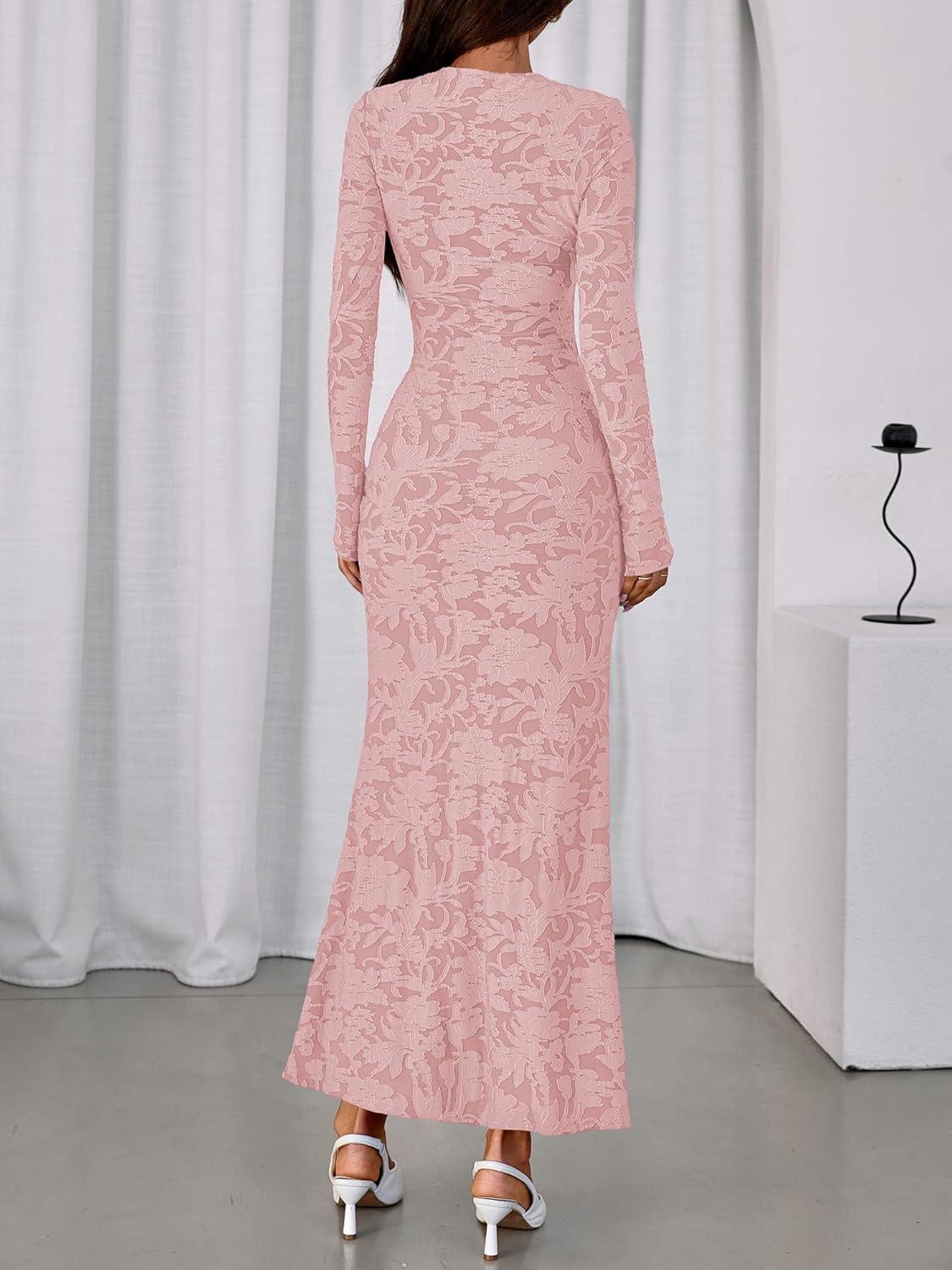 imageBTFBM Wedding Guest Dresses for Women 2025 Fall Elegant Floral Lace Ruched Long Sleeve Bodycon Cocktail Party Maxi DressPink