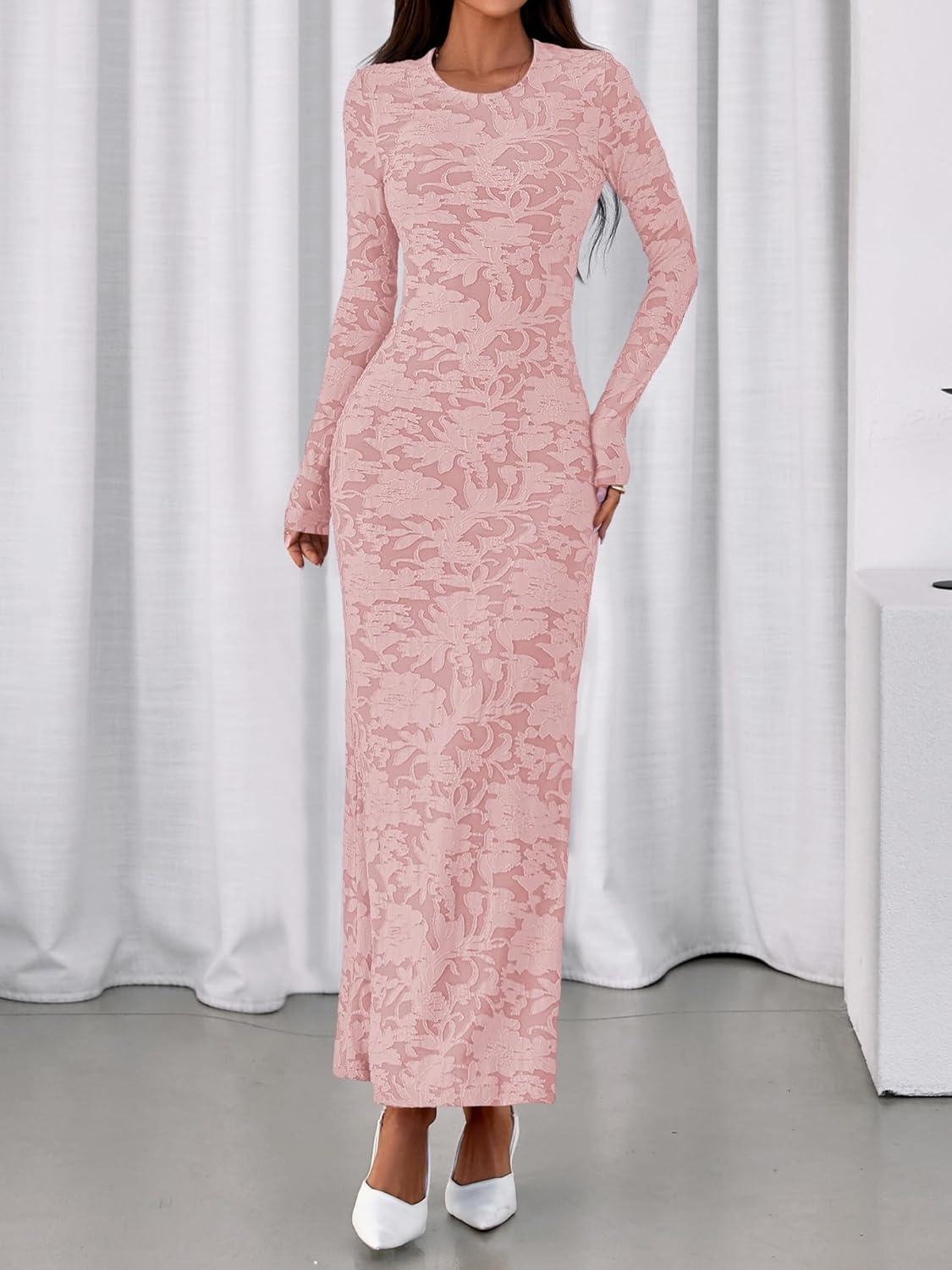 imageBTFBM Wedding Guest Dresses for Women 2025 Fall Elegant Floral Lace Ruched Long Sleeve Bodycon Cocktail Party Maxi DressPink