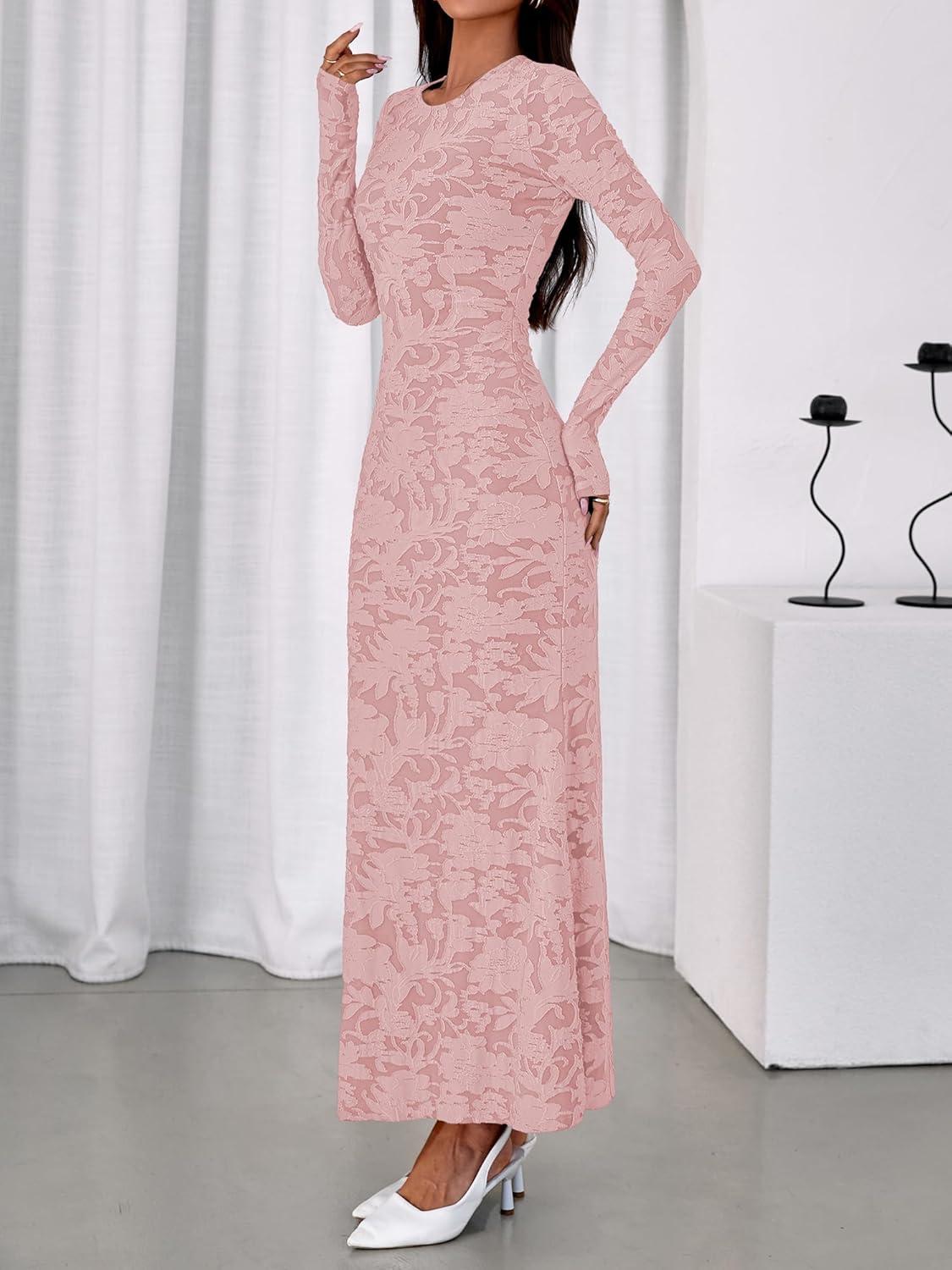imageBTFBM Wedding Guest Dresses for Women 2025 Fall Elegant Floral Lace Ruched Long Sleeve Bodycon Cocktail Party Maxi DressPink