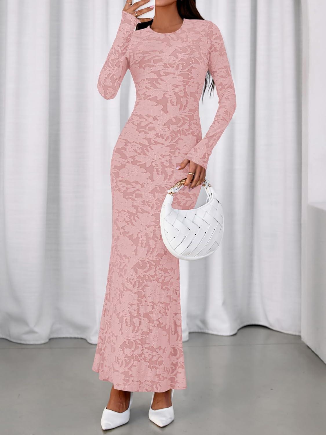 imageBTFBM Wedding Guest Dresses for Women 2025 Fall Elegant Floral Lace Ruched Long Sleeve Bodycon Cocktail Party Maxi DressPink