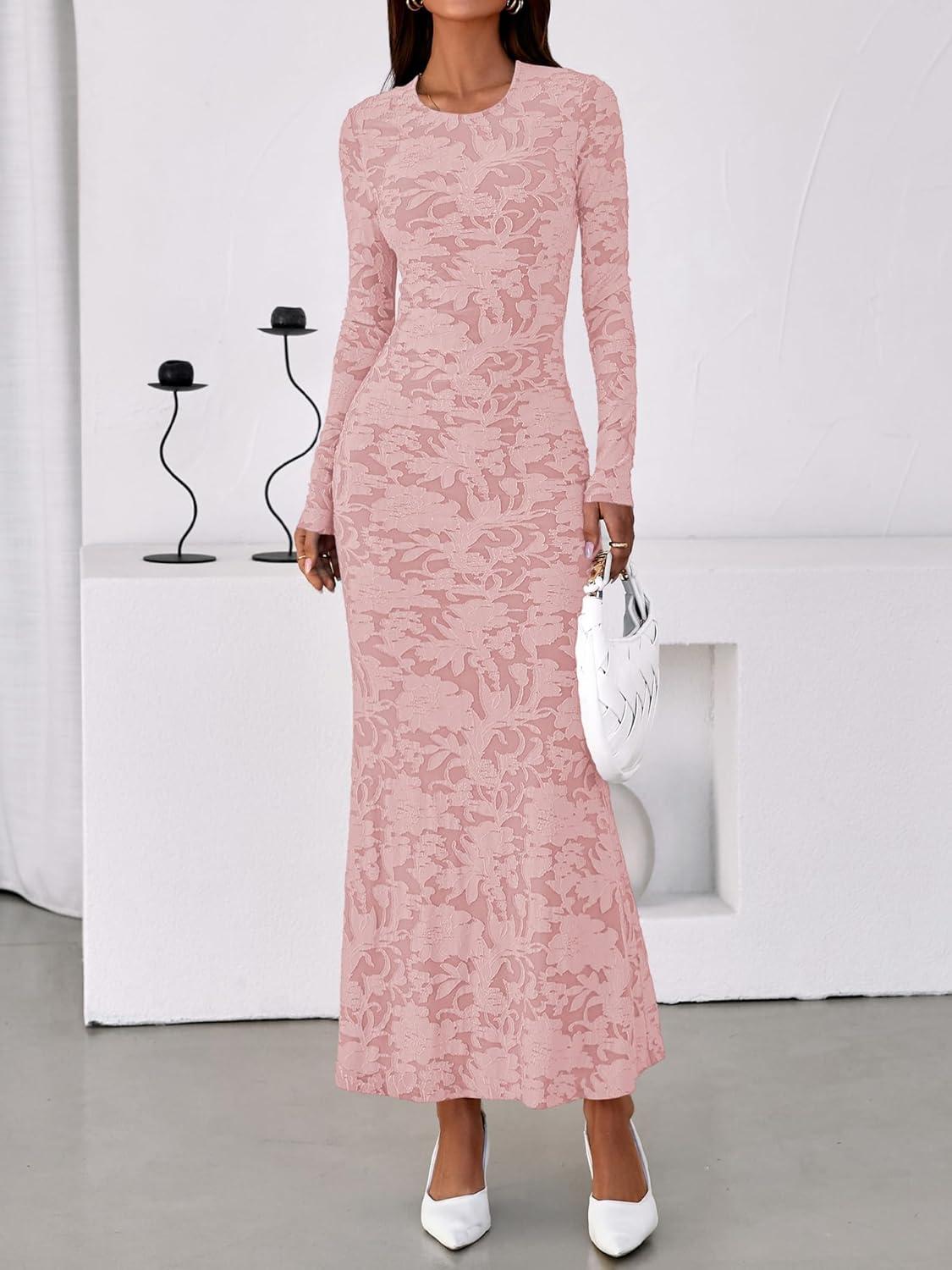 imageBTFBM Wedding Guest Dresses for Women 2025 Fall Elegant Floral Lace Ruched Long Sleeve Bodycon Cocktail Party Maxi DressPink