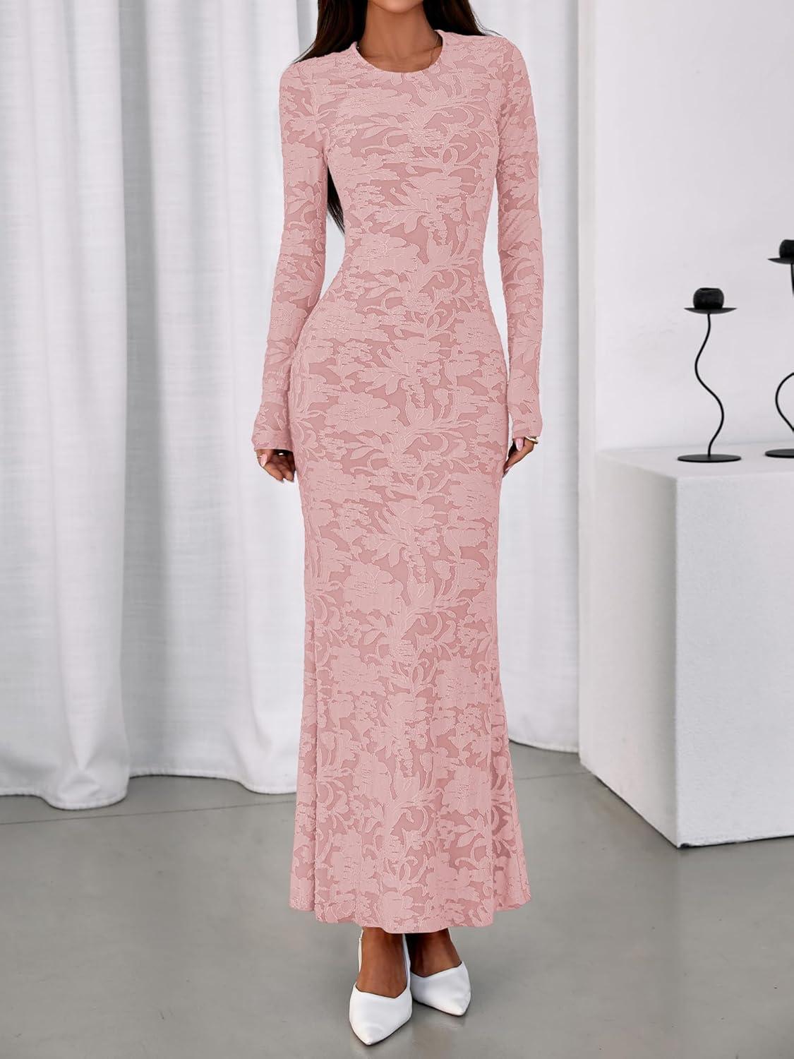 imageBTFBM Wedding Guest Dresses for Women 2025 Fall Elegant Floral Lace Ruched Long Sleeve Bodycon Cocktail Party Maxi DressPink