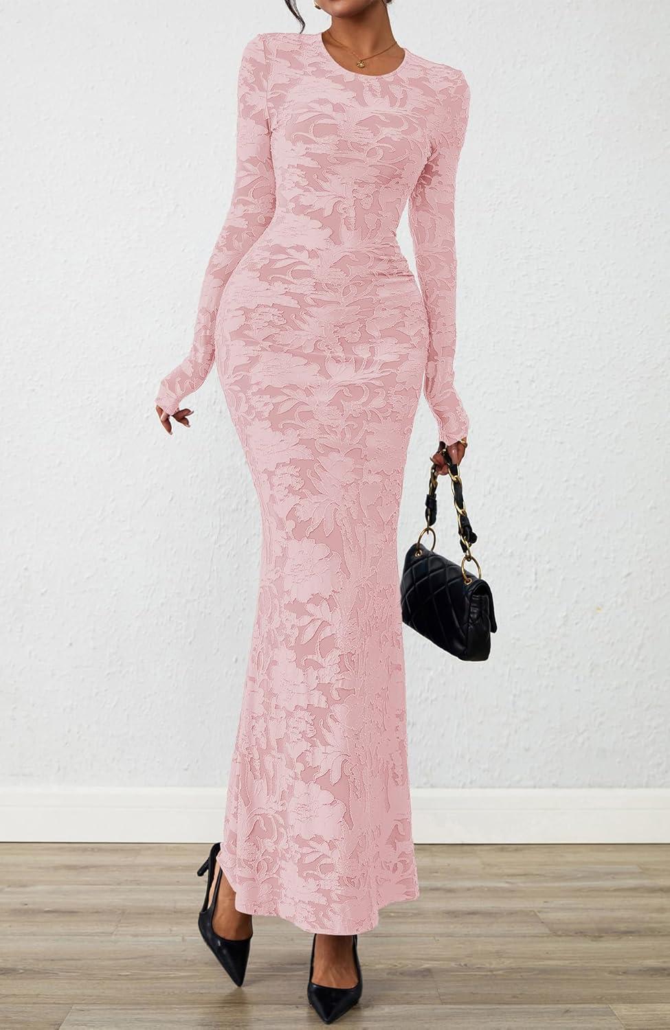 imageBTFBM Wedding Guest Dresses for Women 2025 Fall Elegant Floral Lace Ruched Long Sleeve Bodycon Cocktail Party Maxi DressPink