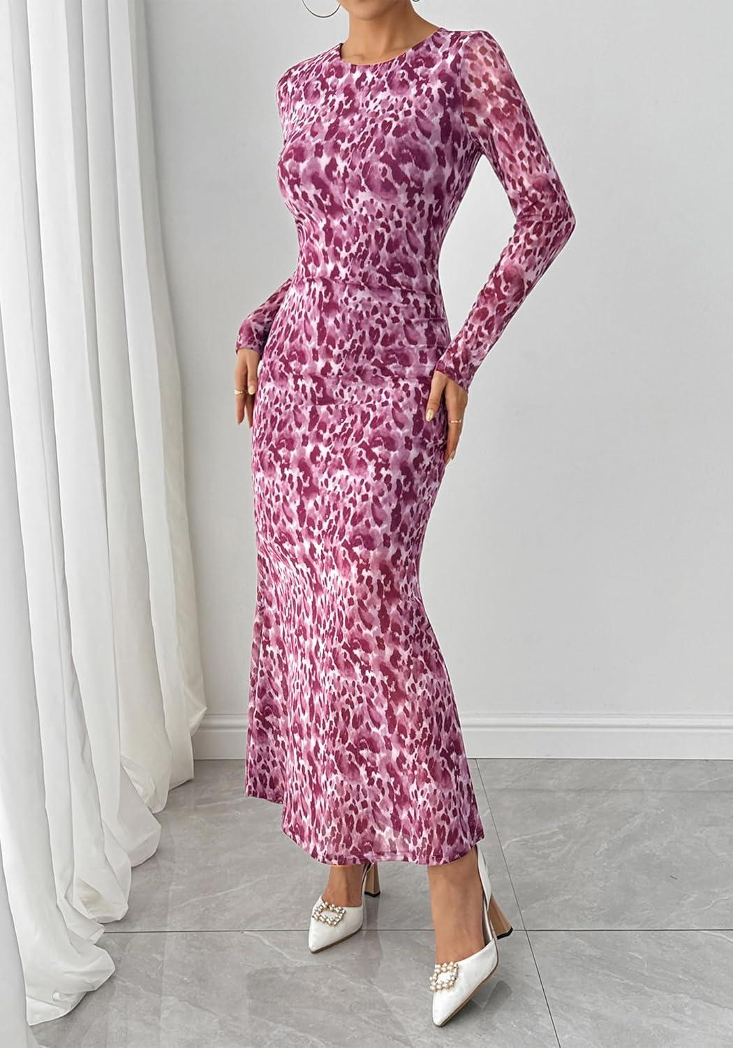 imageBTFBM Wedding Guest Dresses for Women Fall Fashion 2025 Bodycon Long Sleeve Boho Mesh Party Cocktail Floral Maxi DressLeopard