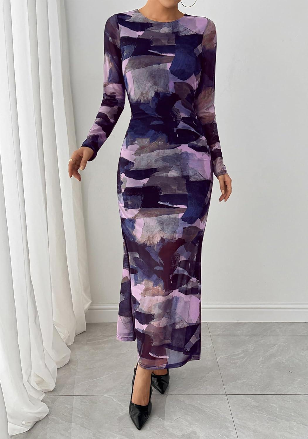 imageBTFBM Wedding Guest Dresses for Women Fall Fashion 2025 Bodycon Long Sleeve Boho Mesh Party Cocktail Floral Maxi DressNavy