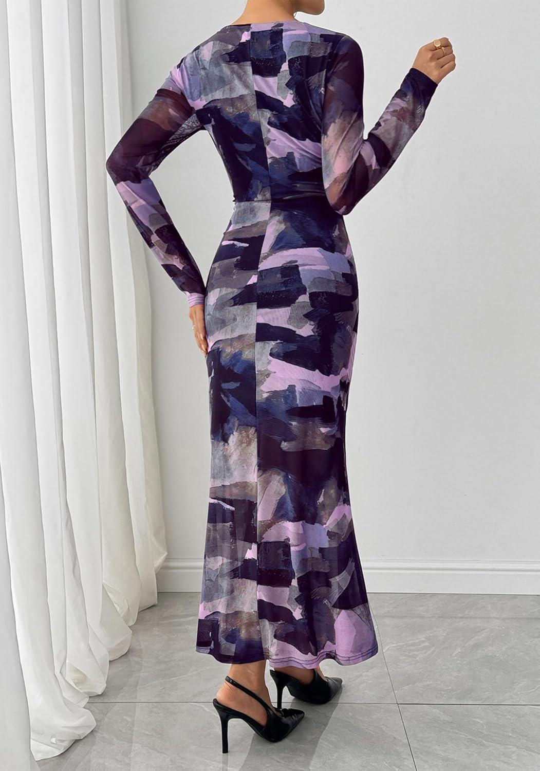 imageBTFBM Wedding Guest Dresses for Women Fall Fashion 2025 Bodycon Long Sleeve Boho Mesh Party Cocktail Floral Maxi DressNavy