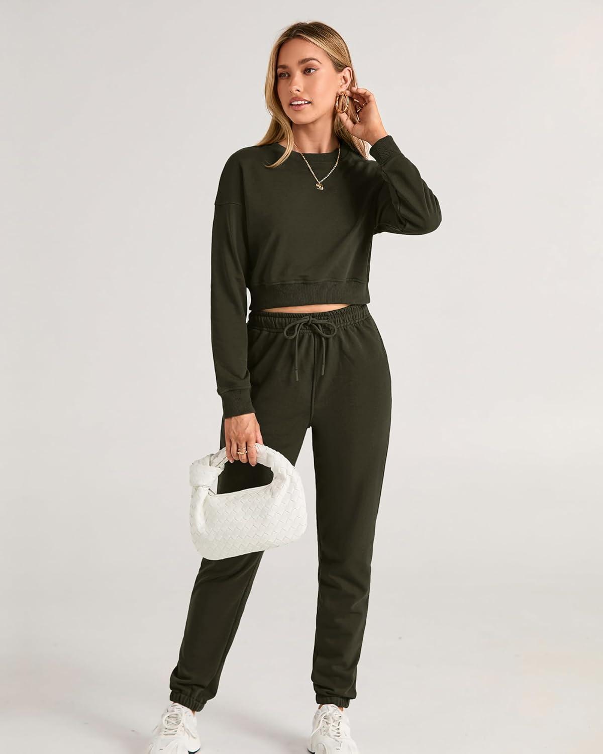 imageBTFBM Women 2 Piece Outfits Long Sleeve Crop Top Pullover Drawstring Pant Jogger Set Casual Sweatsuits Tracksuit PocketsArmy Green