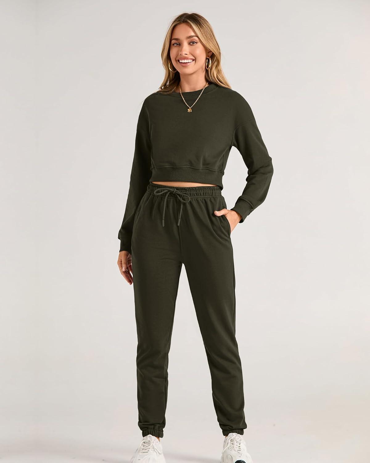 imageBTFBM Women 2 Piece Outfits Long Sleeve Crop Top Pullover Drawstring Pant Jogger Set Casual Sweatsuits Tracksuit PocketsArmy Green