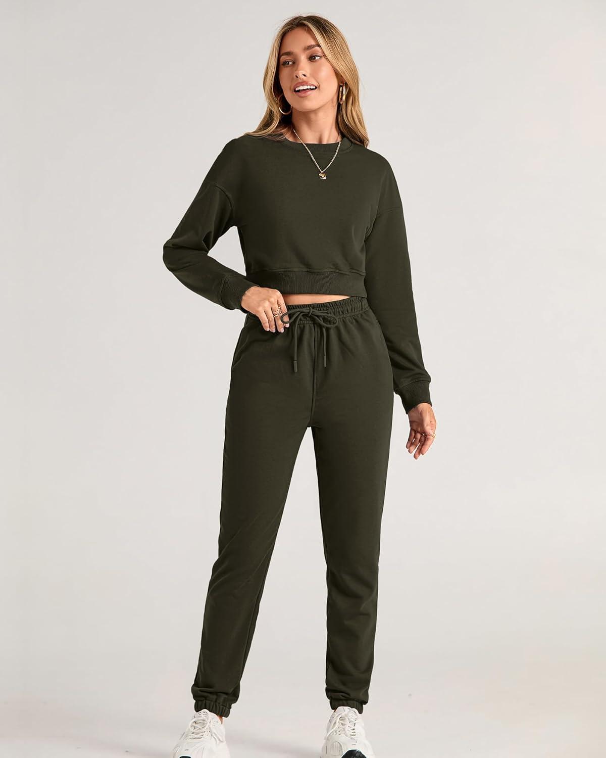 imageBTFBM Women 2 Piece Outfits Long Sleeve Crop Top Pullover Drawstring Pant Jogger Set Casual Sweatsuits Tracksuit PocketsArmy Green