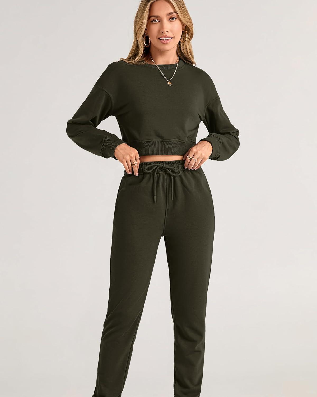 imageBTFBM Women 2 Piece Outfits Long Sleeve Crop Top Pullover Drawstring Pant Jogger Set Casual Sweatsuits Tracksuit PocketsArmy Green
