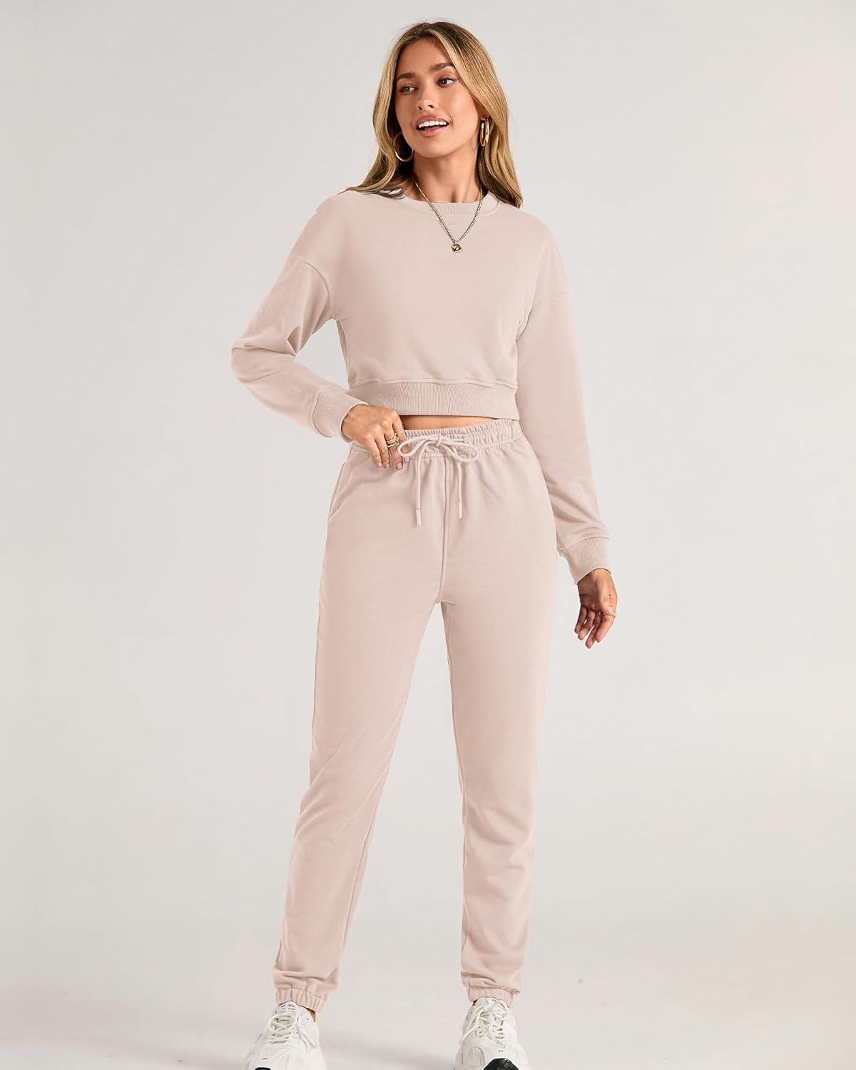 imageBTFBM Women 2 Piece Outfits Long Sleeve Crop Top Pullover Drawstring Pant Jogger Set Casual Sweatsuits Tracksuit PocketsBeige