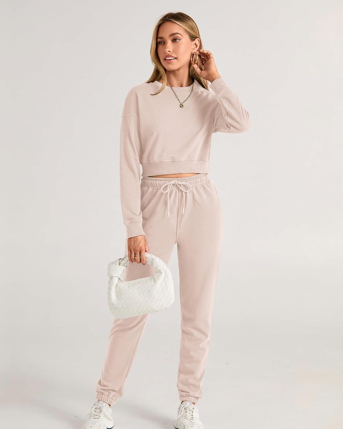 imageBTFBM Women 2 Piece Outfits Long Sleeve Crop Top Pullover Drawstring Pant Jogger Set Casual Sweatsuits Tracksuit PocketsBeige