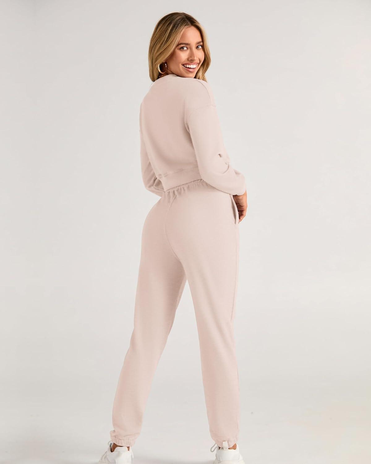 imageBTFBM Women 2 Piece Outfits Long Sleeve Crop Top Pullover Drawstring Pant Jogger Set Casual Sweatsuits Tracksuit PocketsBeige