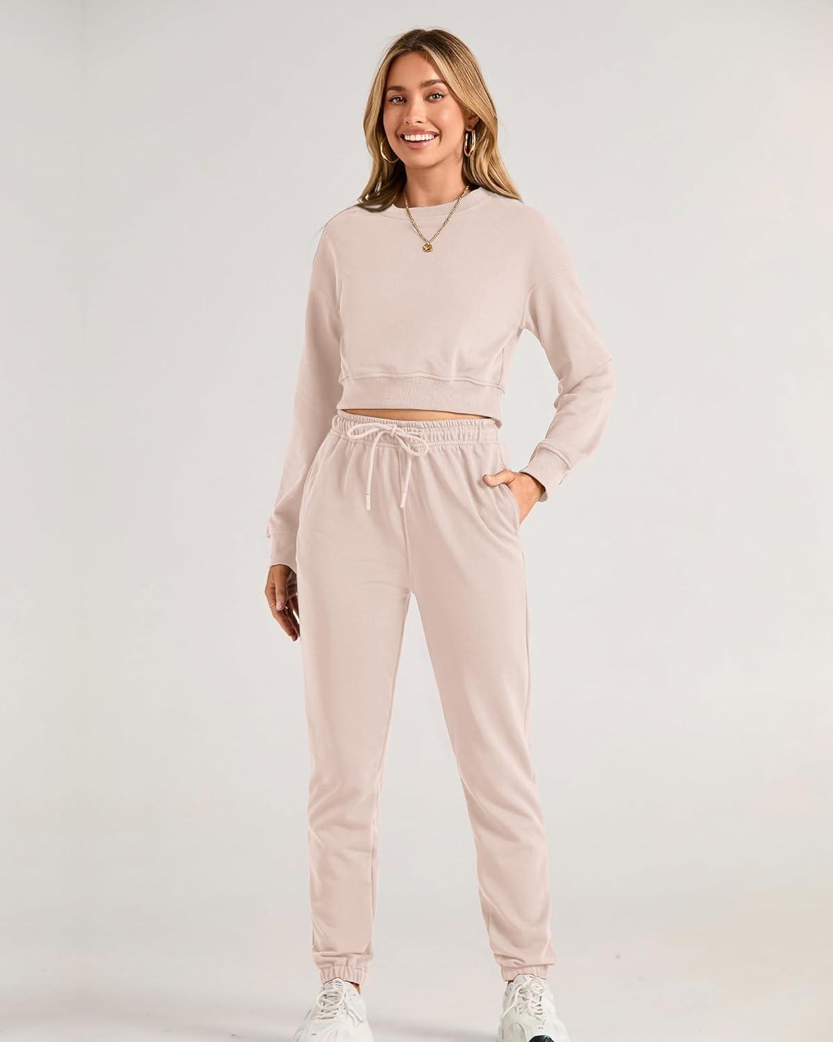 imageBTFBM Women 2 Piece Outfits Long Sleeve Crop Top Pullover Drawstring Pant Jogger Set Casual Sweatsuits Tracksuit PocketsBeige