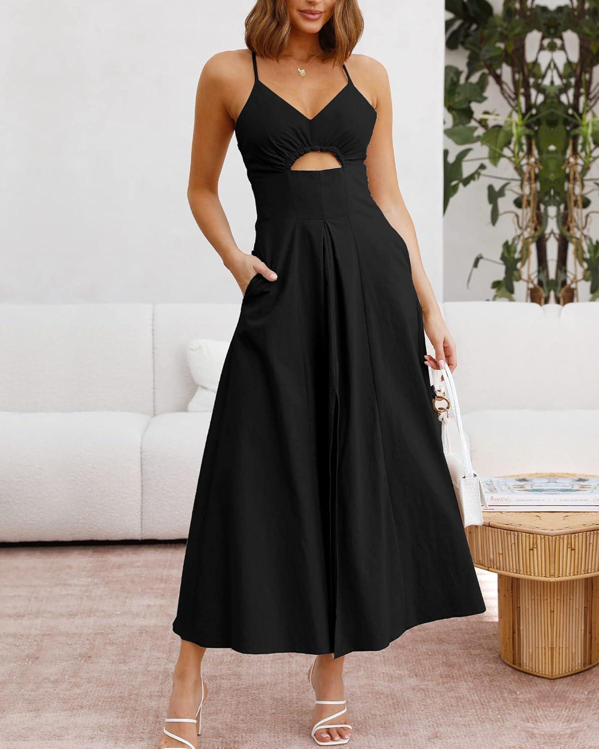 imageBTFBM Women 2026 Spaghetti Strap Midi Summer Dresses Sleeveless V Neck Cutout Slit Casual Beach Party Maxi Dress PocketsBlack