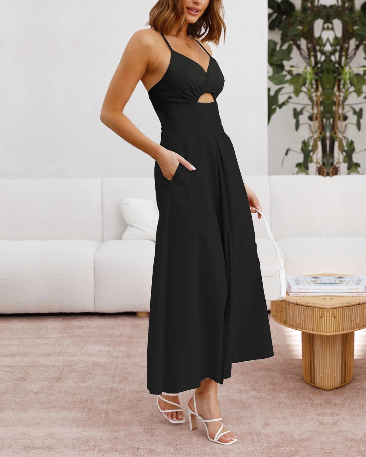 imageBTFBM Women 2026 Spaghetti Strap Midi Summer Dresses Sleeveless V Neck Cutout Slit Casual Beach Party Maxi Dress PocketsBlack