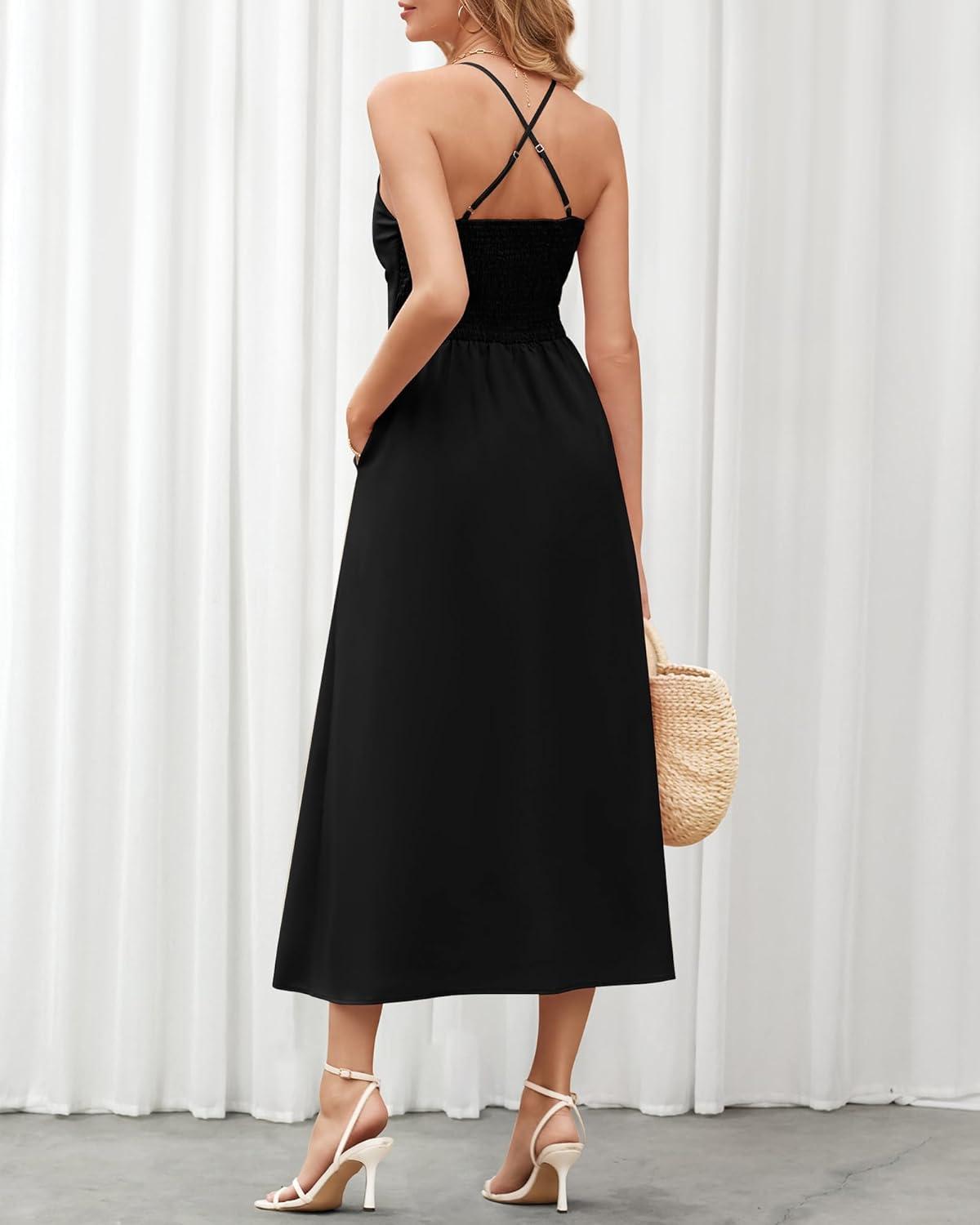 imageBTFBM Women 2026 Spaghetti Strap Midi Summer Dresses Sleeveless V Neck Cutout Slit Casual Beach Party Maxi Dress PocketsBlack
