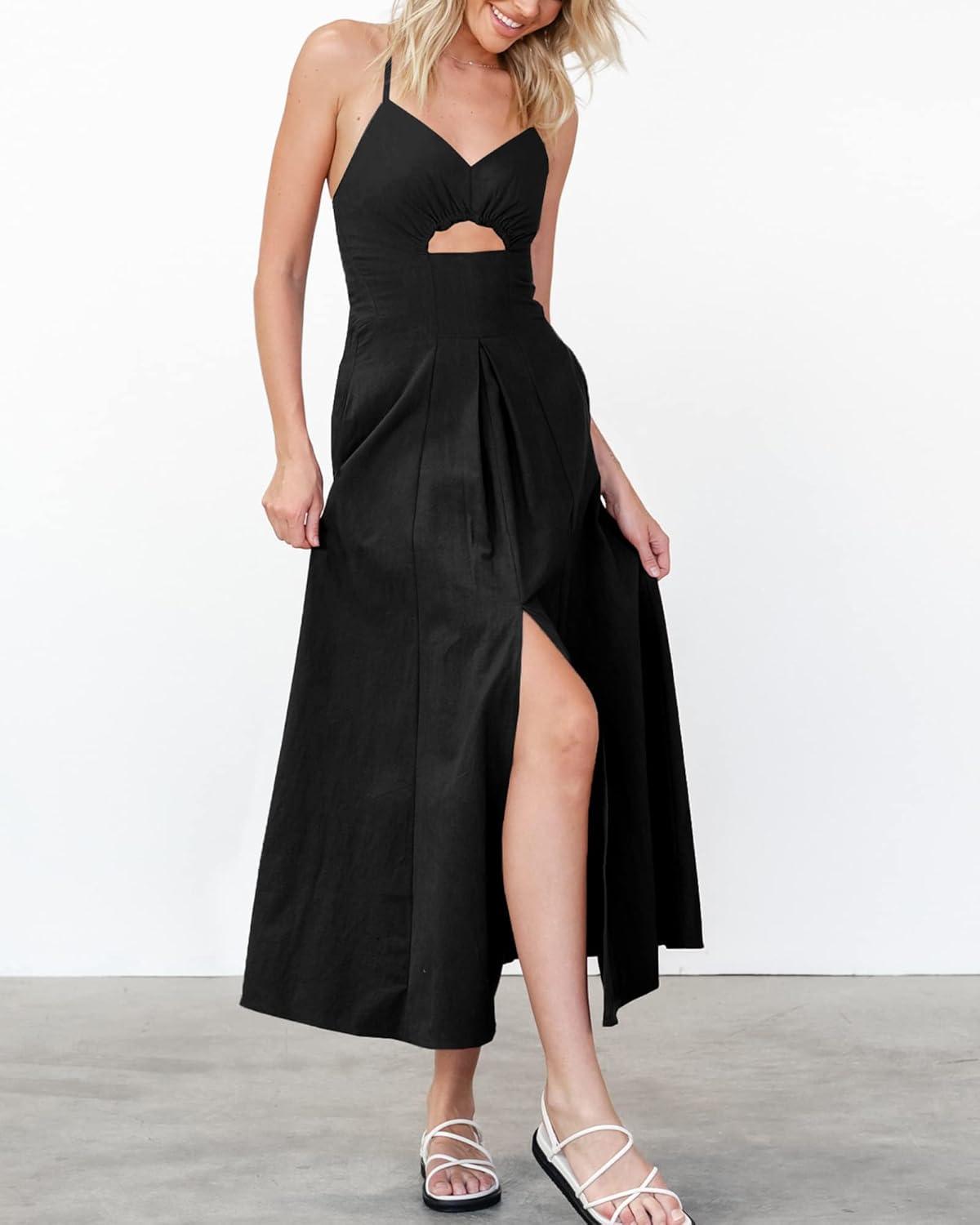 imageBTFBM Women 2026 Spaghetti Strap Midi Summer Dresses Sleeveless V Neck Cutout Slit Casual Beach Party Maxi Dress PocketsBlack