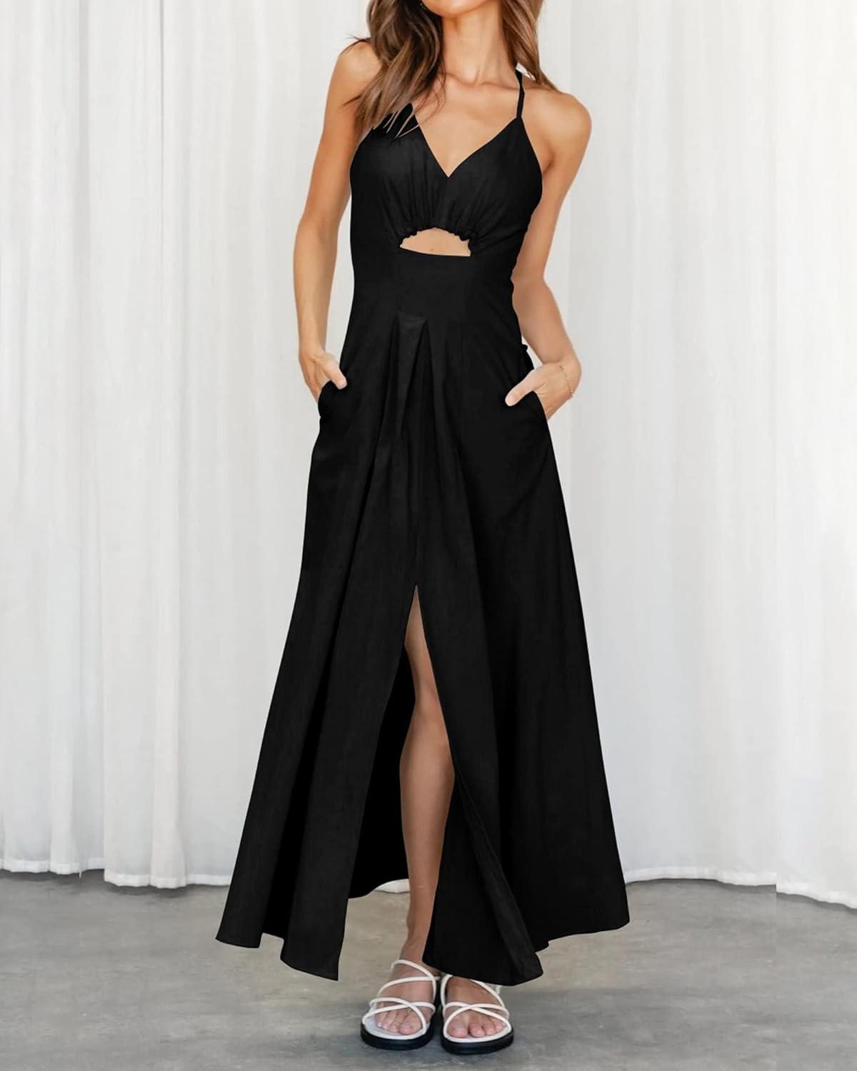 imageBTFBM Women 2026 Spaghetti Strap Midi Summer Dresses Sleeveless V Neck Cutout Slit Casual Beach Party Maxi Dress PocketsBlack