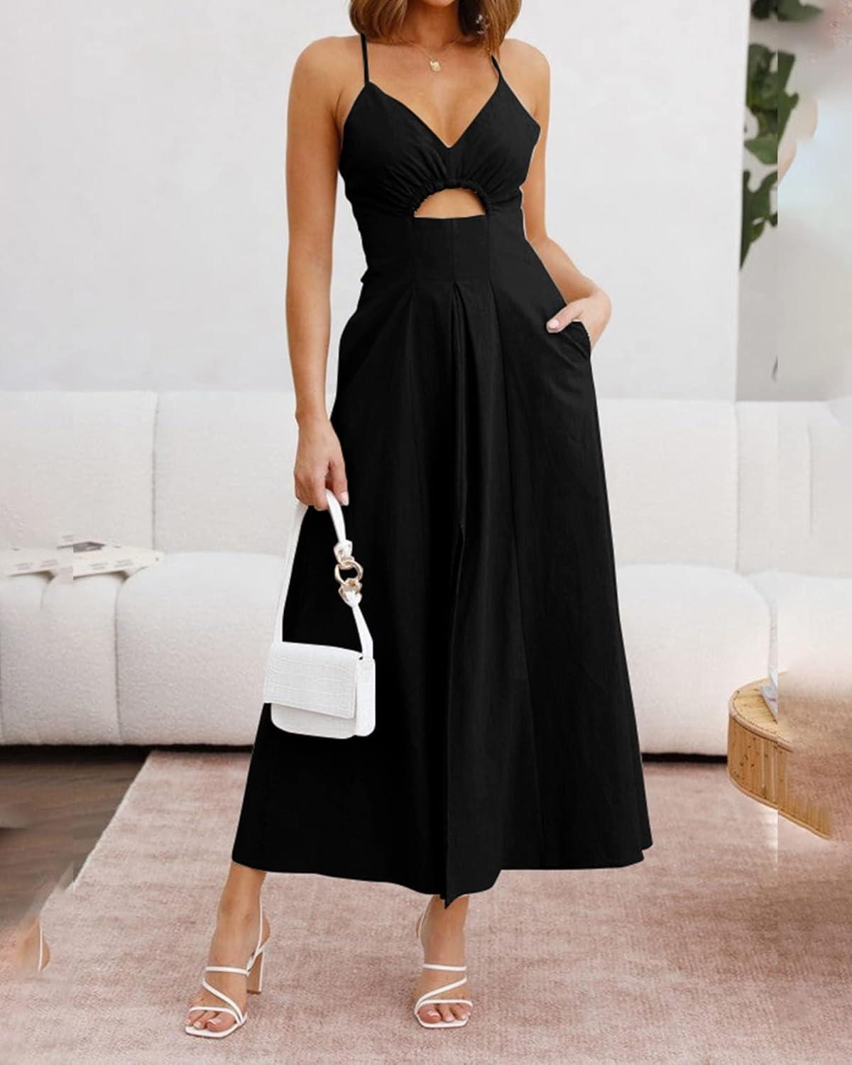 imageBTFBM Women 2026 Spaghetti Strap Midi Summer Dresses Sleeveless V Neck Cutout Slit Casual Beach Party Maxi Dress PocketsBlack