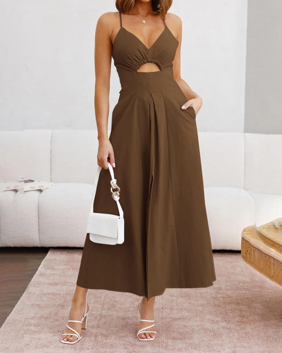 imageBTFBM Women 2026 Spaghetti Strap Midi Summer Dresses Sleeveless V Neck Cutout Slit Casual Beach Party Maxi Dress PocketsBrown