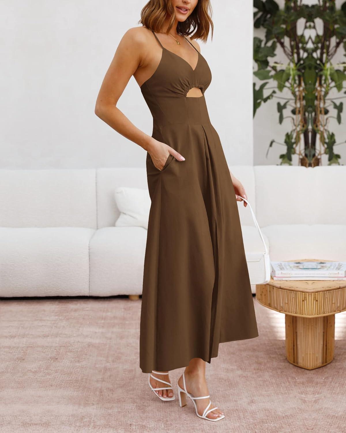 imageBTFBM Women 2026 Spaghetti Strap Midi Summer Dresses Sleeveless V Neck Cutout Slit Casual Beach Party Maxi Dress PocketsBrown