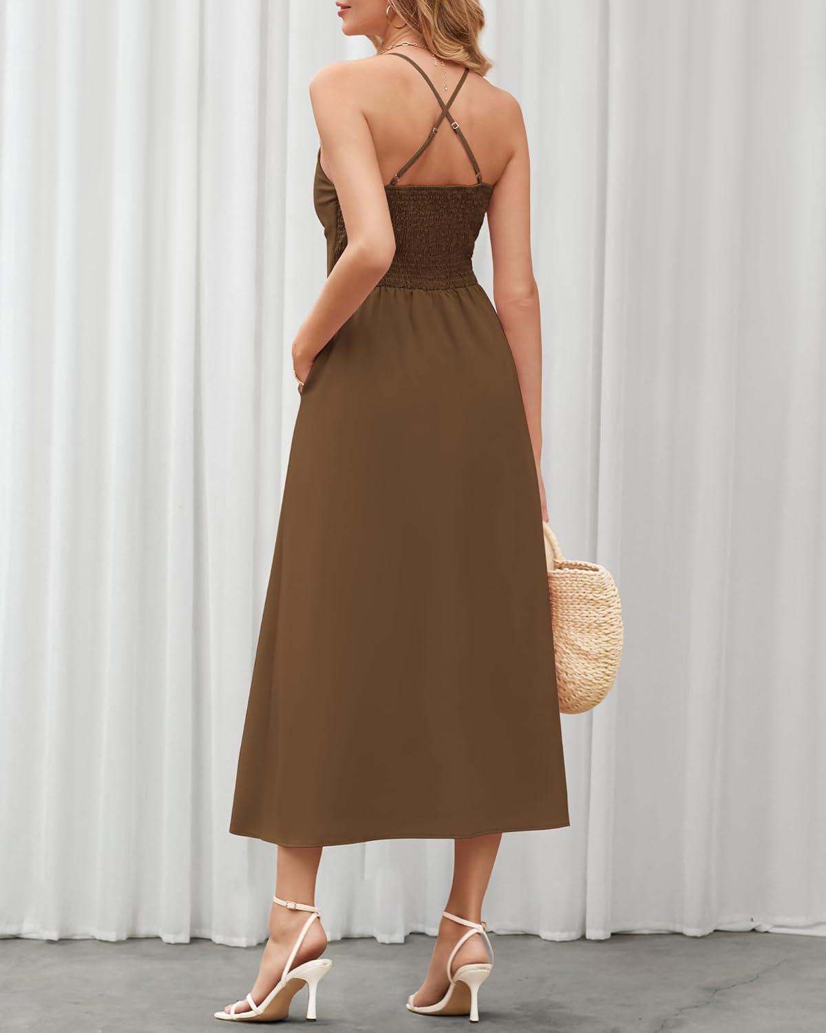 imageBTFBM Women 2026 Spaghetti Strap Midi Summer Dresses Sleeveless V Neck Cutout Slit Casual Beach Party Maxi Dress PocketsBrown