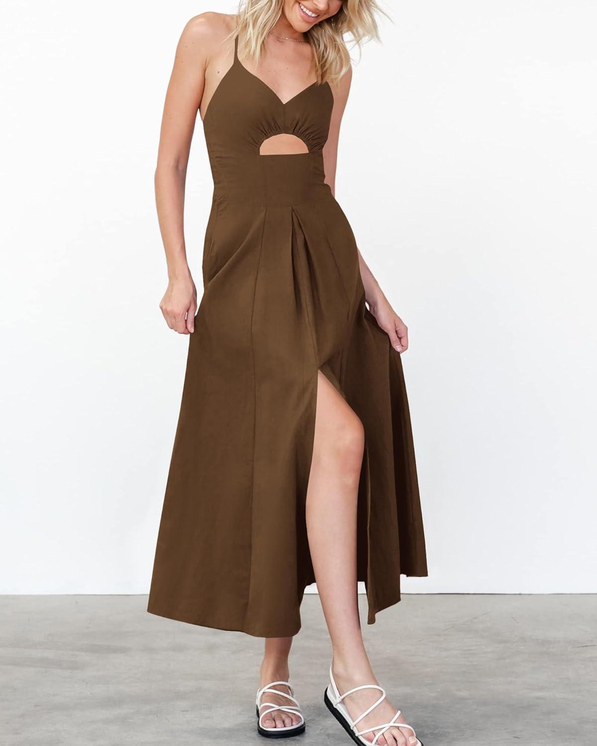 imageBTFBM Women 2026 Spaghetti Strap Midi Summer Dresses Sleeveless V Neck Cutout Slit Casual Beach Party Maxi Dress PocketsBrown
