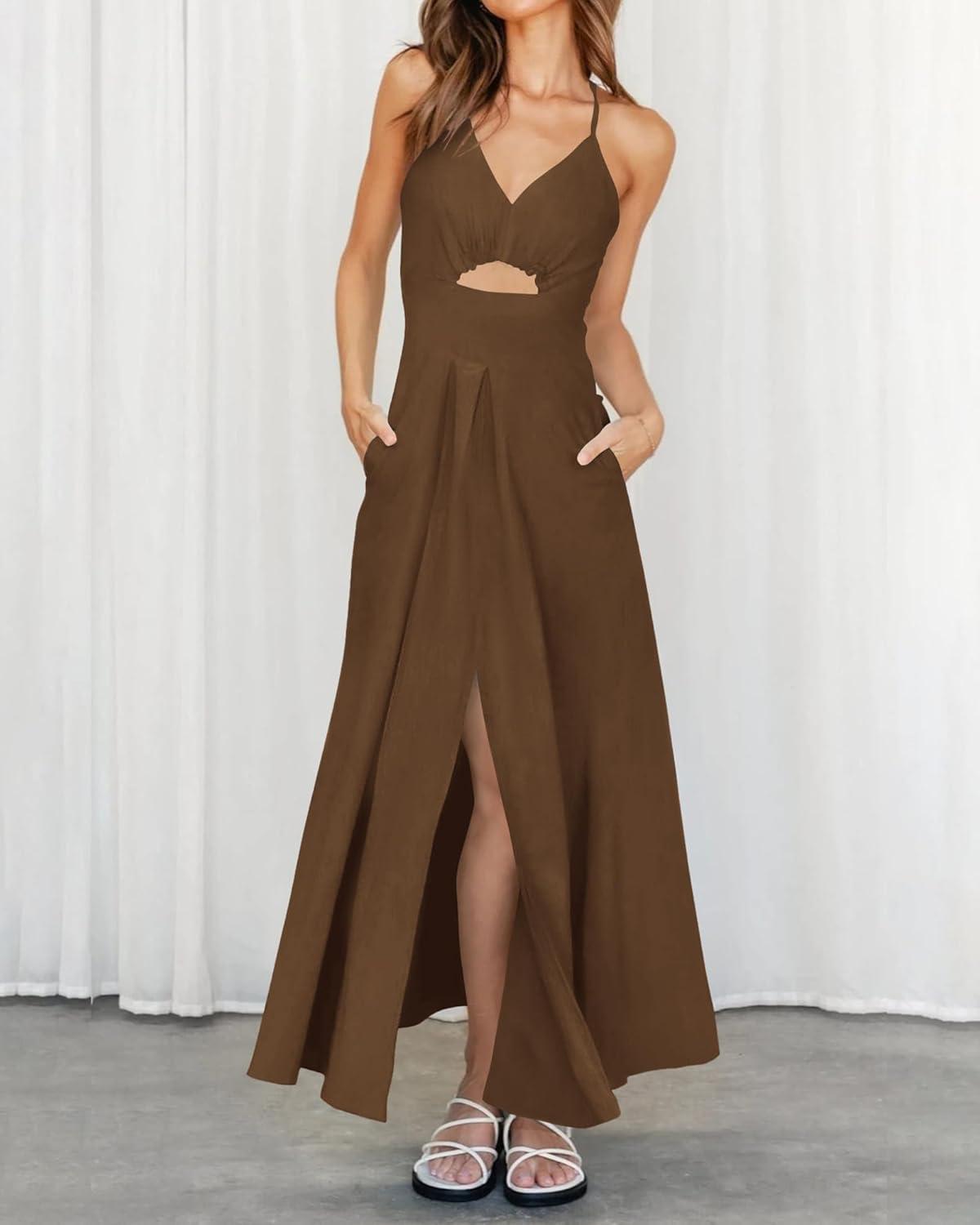 imageBTFBM Women 2026 Spaghetti Strap Midi Summer Dresses Sleeveless V Neck Cutout Slit Casual Beach Party Maxi Dress PocketsBrown