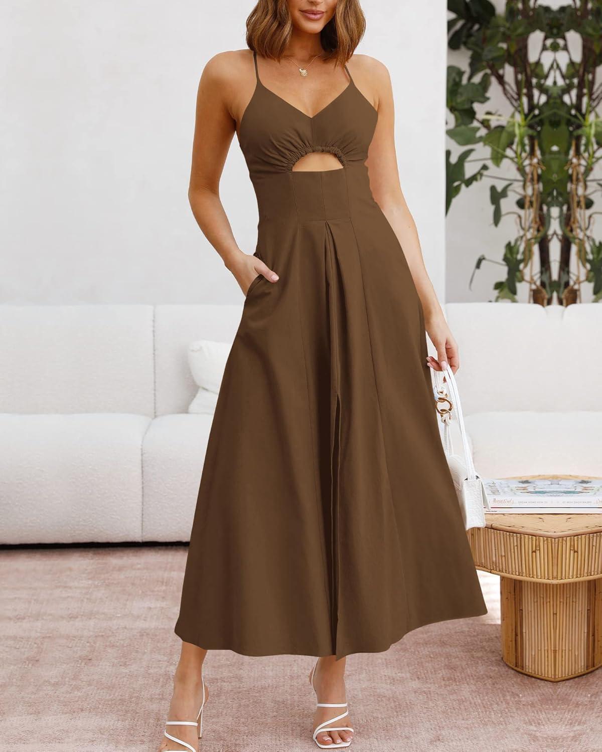 imageBTFBM Women 2026 Spaghetti Strap Midi Summer Dresses Sleeveless V Neck Cutout Slit Casual Beach Party Maxi Dress PocketsBrown