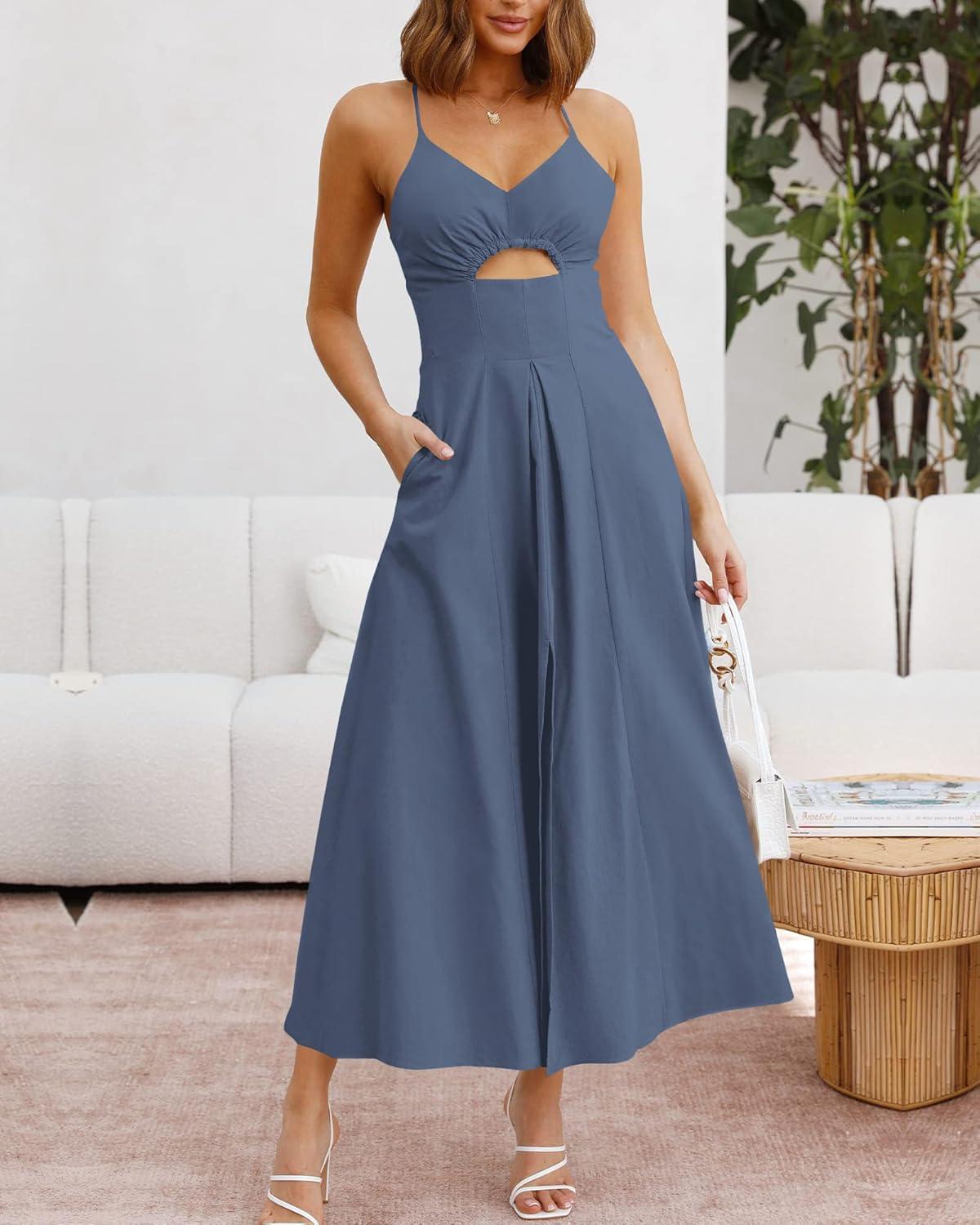imageBTFBM Women 2026 Spaghetti Strap Midi Summer Dresses Sleeveless V Neck Cutout Slit Casual Beach Party Maxi Dress PocketsDark Grey Blue