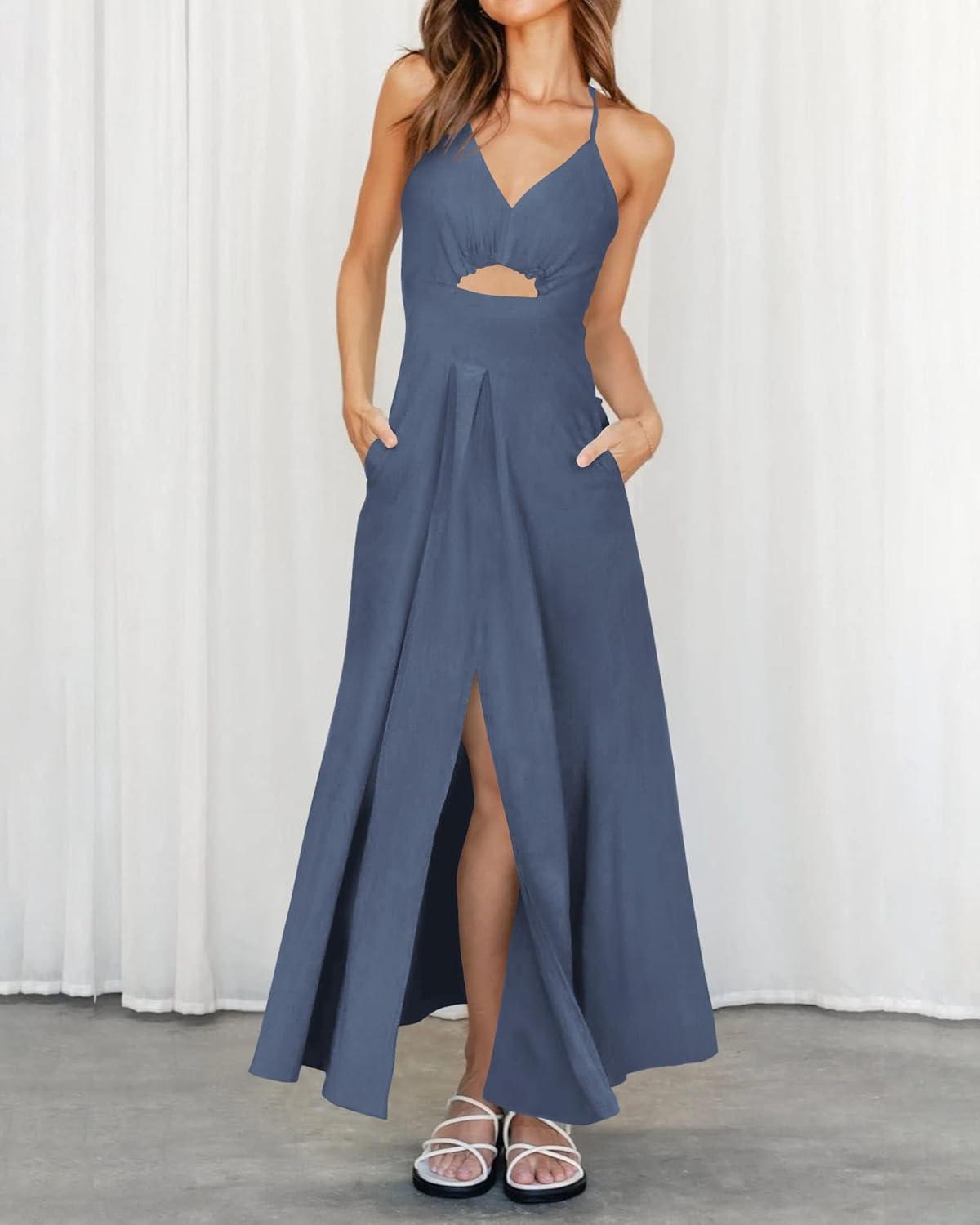 imageBTFBM Women 2026 Spaghetti Strap Midi Summer Dresses Sleeveless V Neck Cutout Slit Casual Beach Party Maxi Dress PocketsDark Grey Blue
