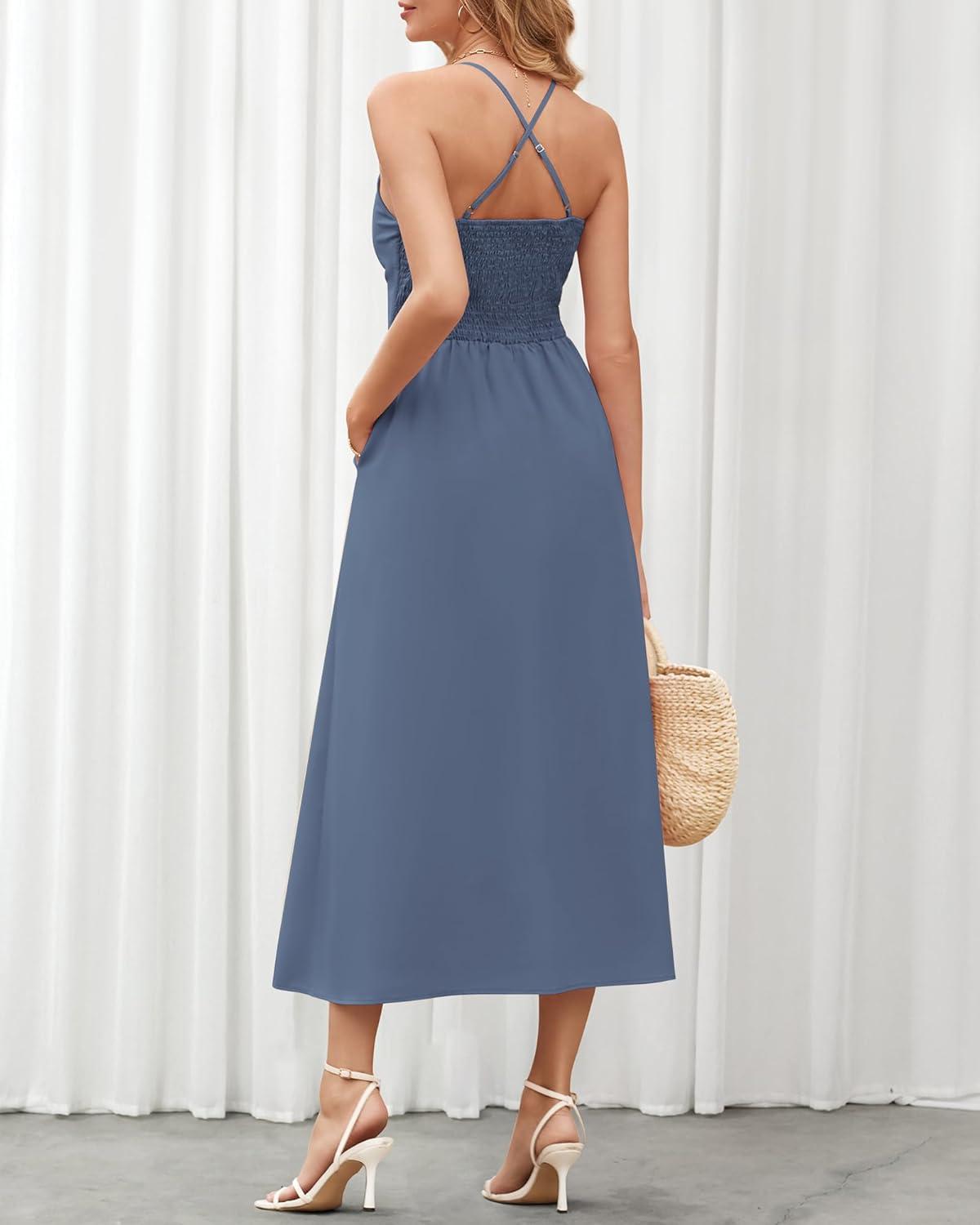 imageBTFBM Women 2026 Spaghetti Strap Midi Summer Dresses Sleeveless V Neck Cutout Slit Casual Beach Party Maxi Dress PocketsDark Grey Blue